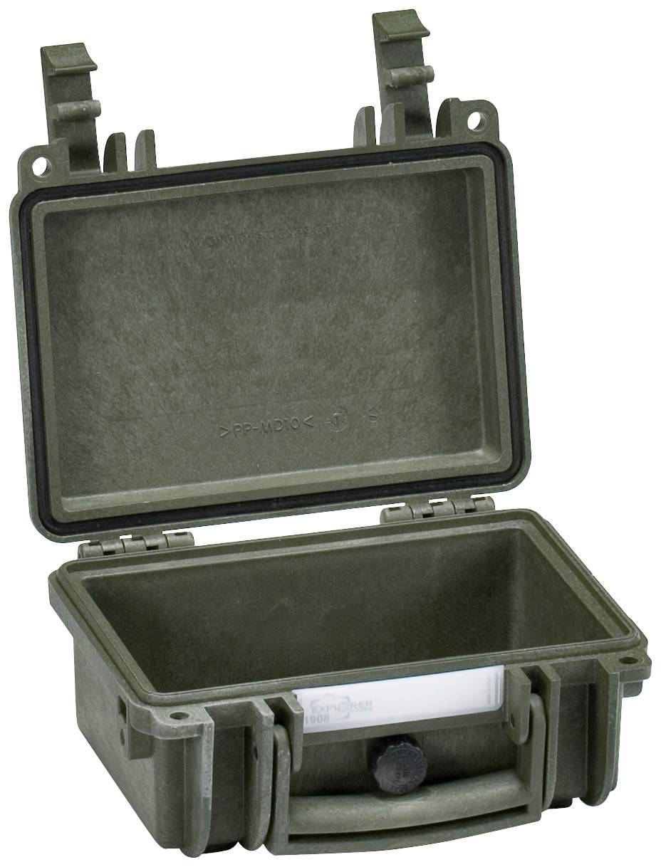 Grüne, geöffnete, robuste Schutzhülle mit einfachem Verschlussmechanismus, geeignet zur sicheren Aufbewahrung von kleinen Geräten oder empfindlichen Gegenständen.