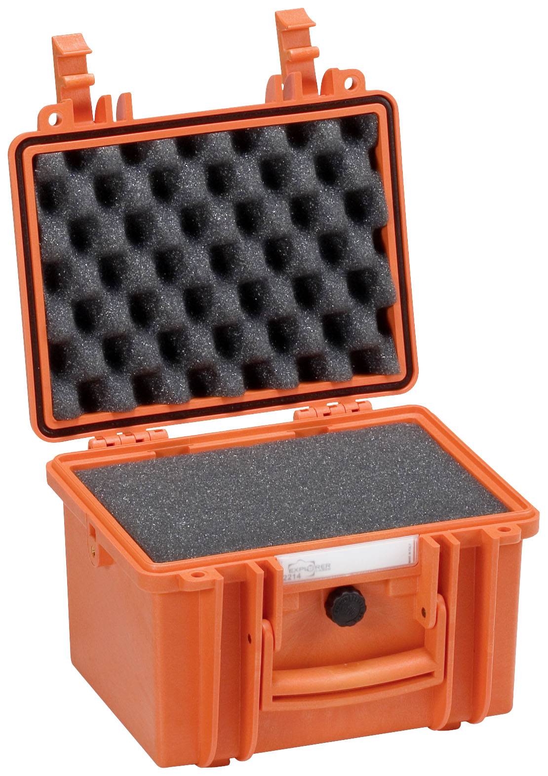Ein offener, orangefarbener Schutzkoffer mit Schaumpolsterung, geeignet für den sicheren Transport empfindlicher Geräte.