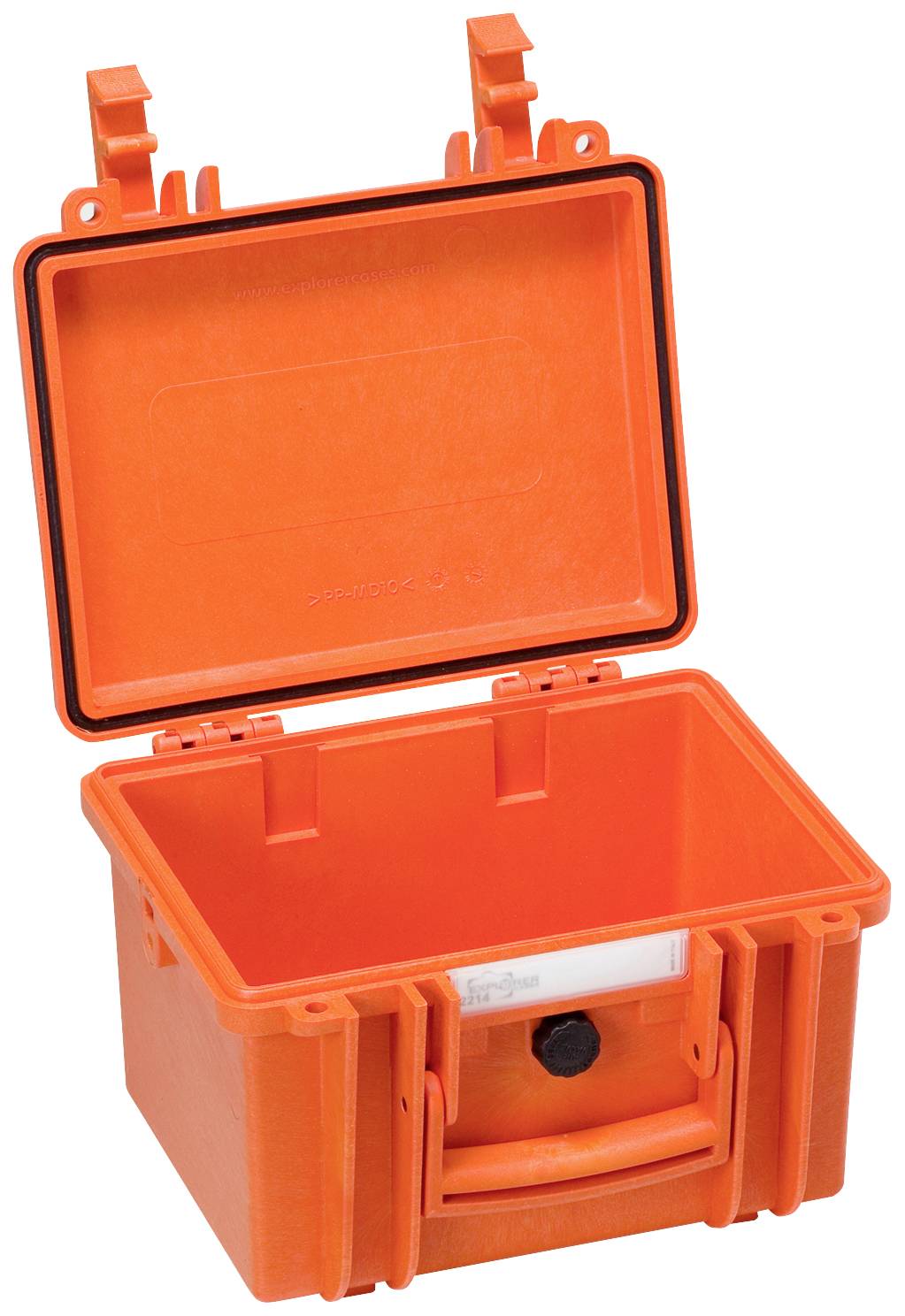 Orangefarbener, offener Kunststoffbehälter mit Deckel. Ideal zum sicheren Verstauen von empfindlichen oder wertvollen Gegenständen.