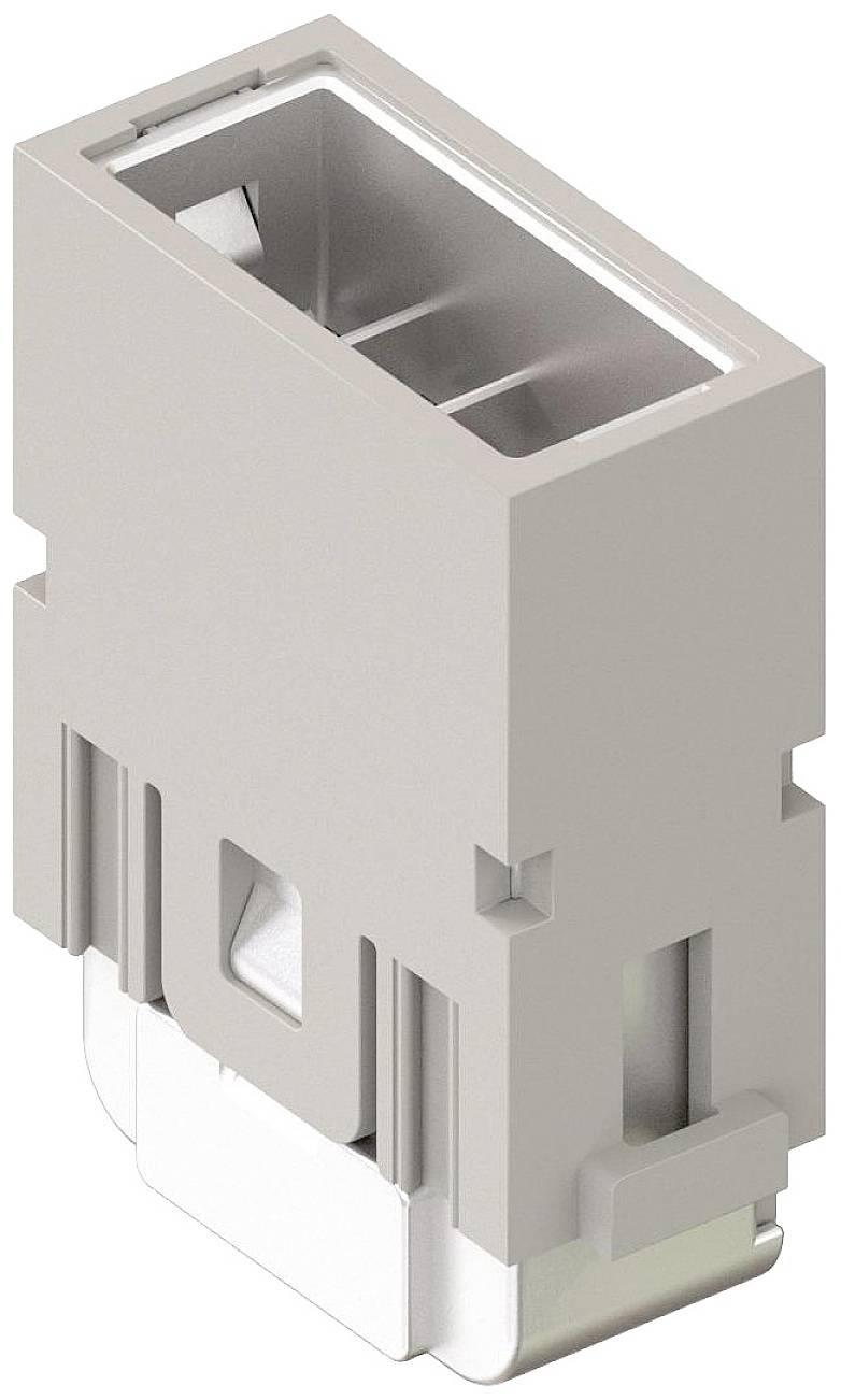 Ein kleiner, rechteckiger, grauer Steckverbinder mit metallischen Kontakten, zur Verbindung elektronischer Komponenten.