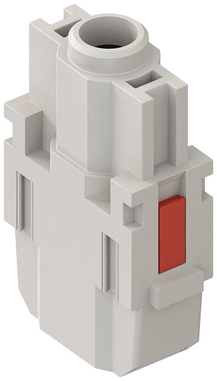 Grauer Steckverbinder mit rechteckigem Gehäuse und rotem Hebel, Ansicht von schräg oben. Geeignet für elektrische Verbindungen.