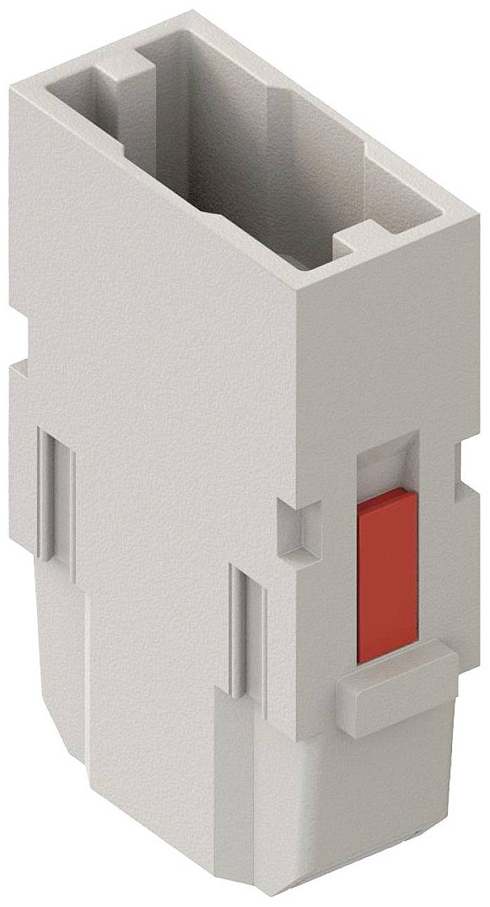Elektronischer Steckverbinder mit rechteckigem Gehäuse und rotem Einsatz auf der Seite; geeignet für industrielle Anwendungen.