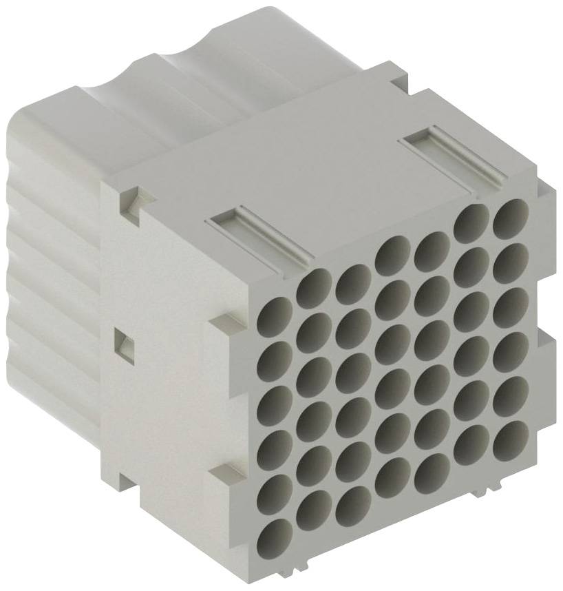 Ein rechteckiger Stecker mit 28 runden Anschlussöffnungen, angeordnet in vier Reihen zu je sieben Öffnungen.