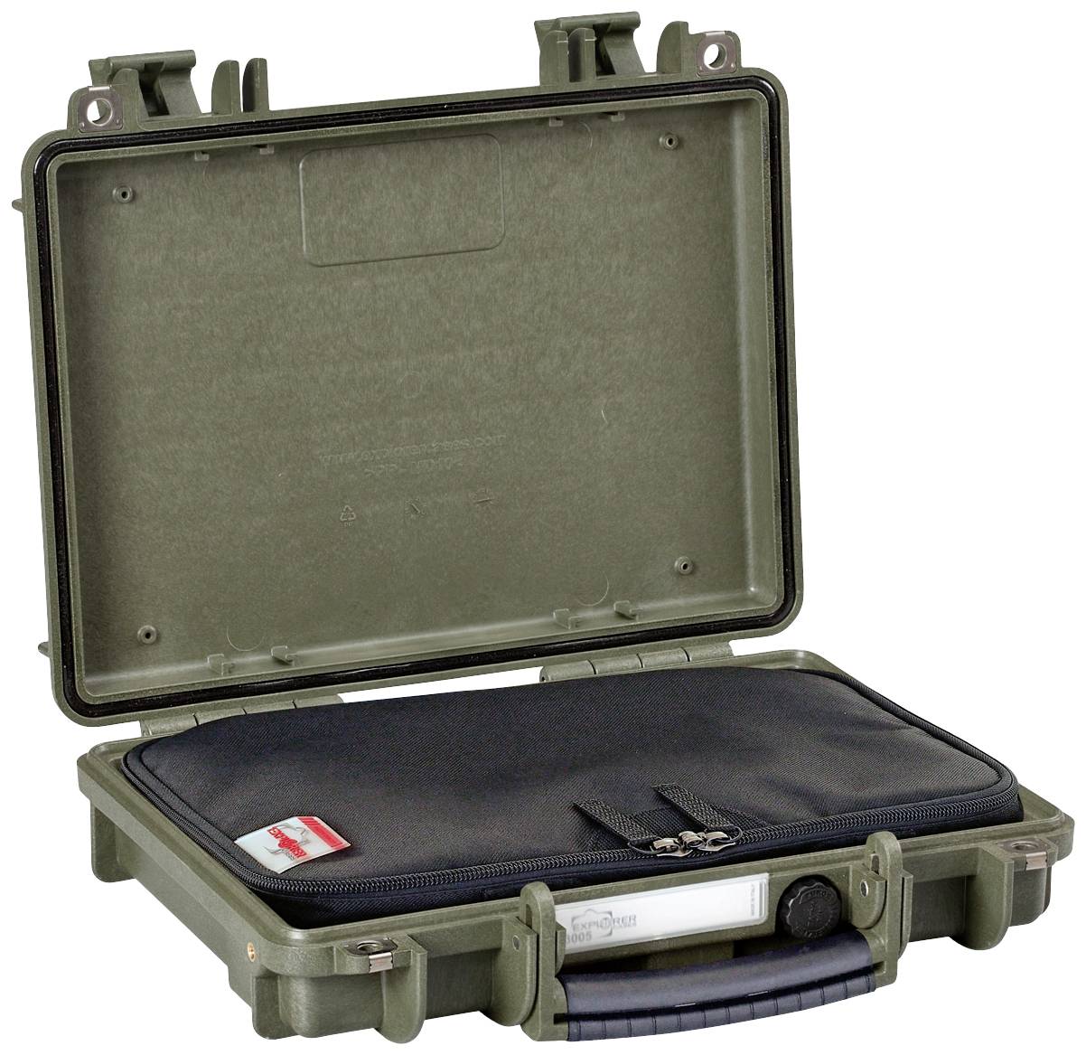 Ein offener, robuster Koffer mit einem schwarzen Laptop oder einer Dokumentenhülle im Inneren. Der Koffer ist olivgrün.