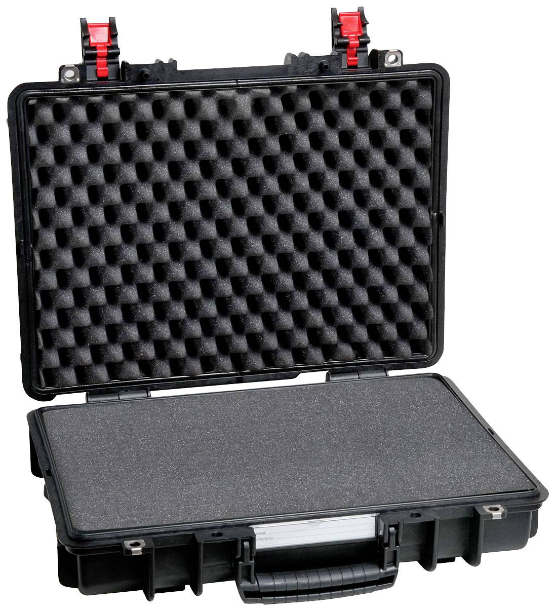 Ein offener, leerer schwarzer Schaumstoffkoffer mit roten Verschlüssen. Geöffnet zeigt er die strukturierte Innenpolsterung.