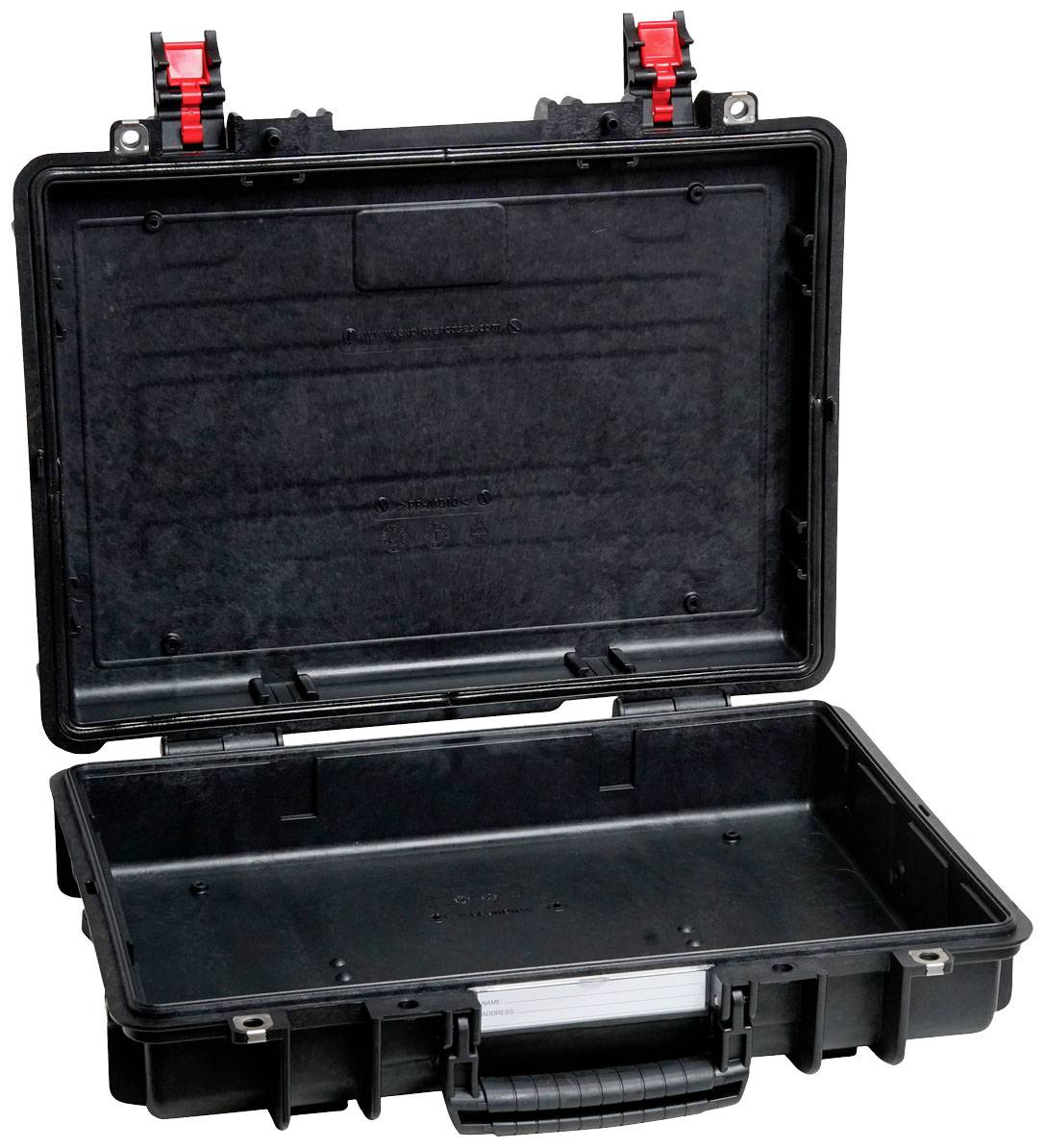Schwarzer Kunststoffkoffer geöffnet. Oberer und unterer Teil sichtbar. Rot-schwarze Verschlüsse. Robust und schützend.