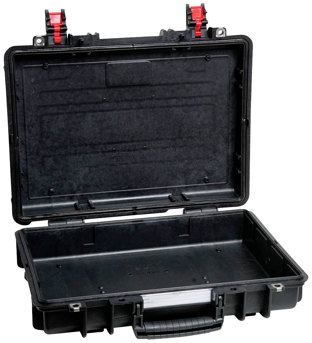 Schwarzer, offener Hartschalenkoffer mit rotem Verschlussmechanismus, geeignet für den sicheren Transport von empfindlichen Gegenständen.