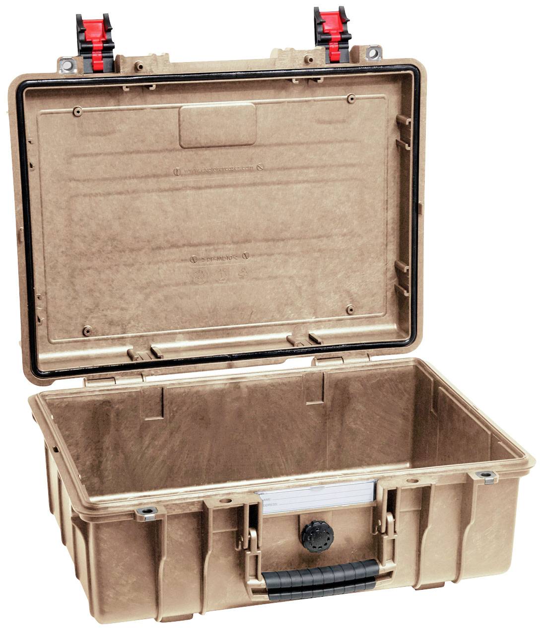 Hartschalenkoffer in Beige, offen mit rotem Verschluss und schwarzem Griff, geeignet für sicheren Transport von Gegenständen.