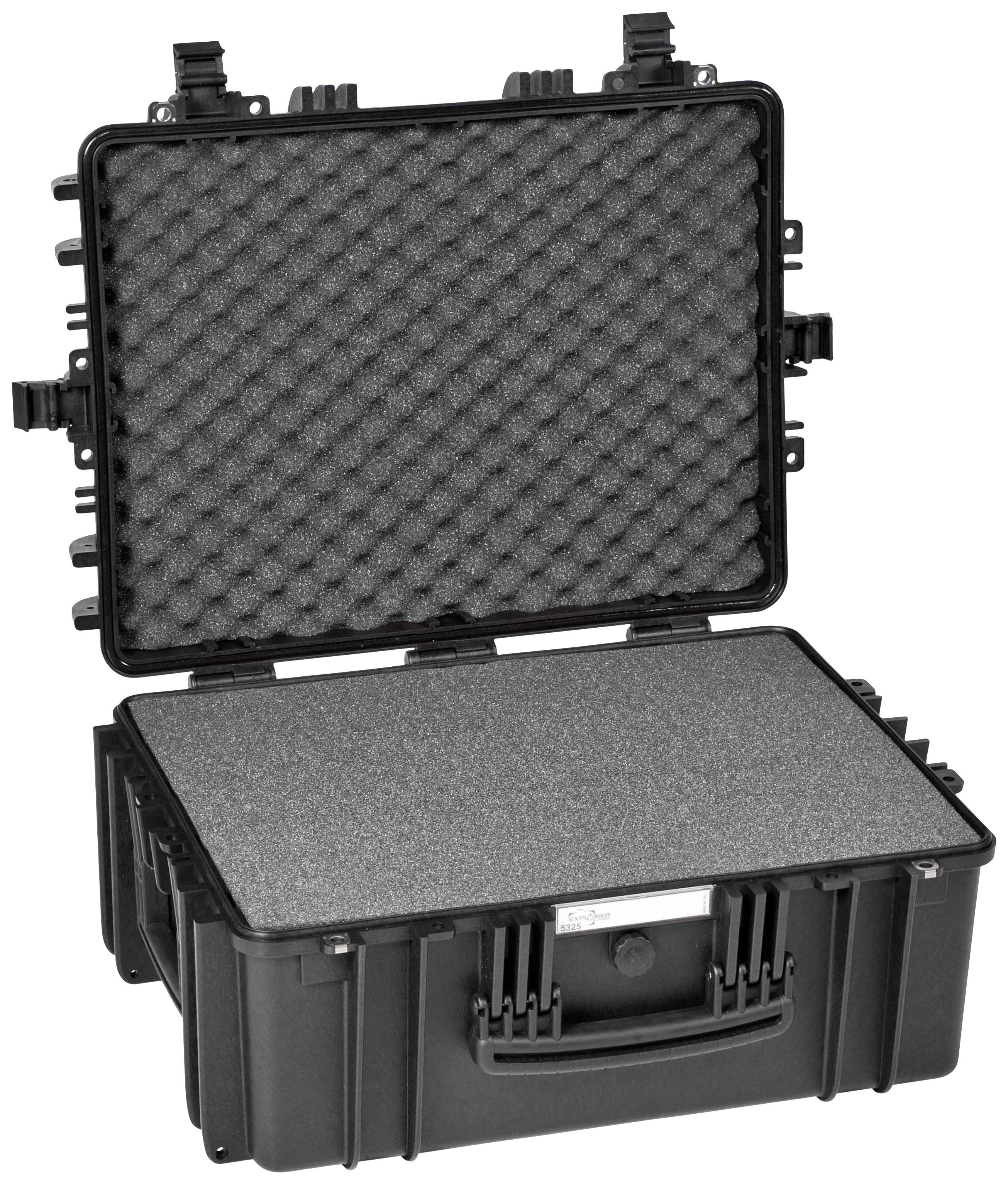 Ein schwarzer, offener Schutzkoffer mit Schaumstoffpolsterung, geeignet für den sicheren Transport empfindlicher Ausrüstung.
