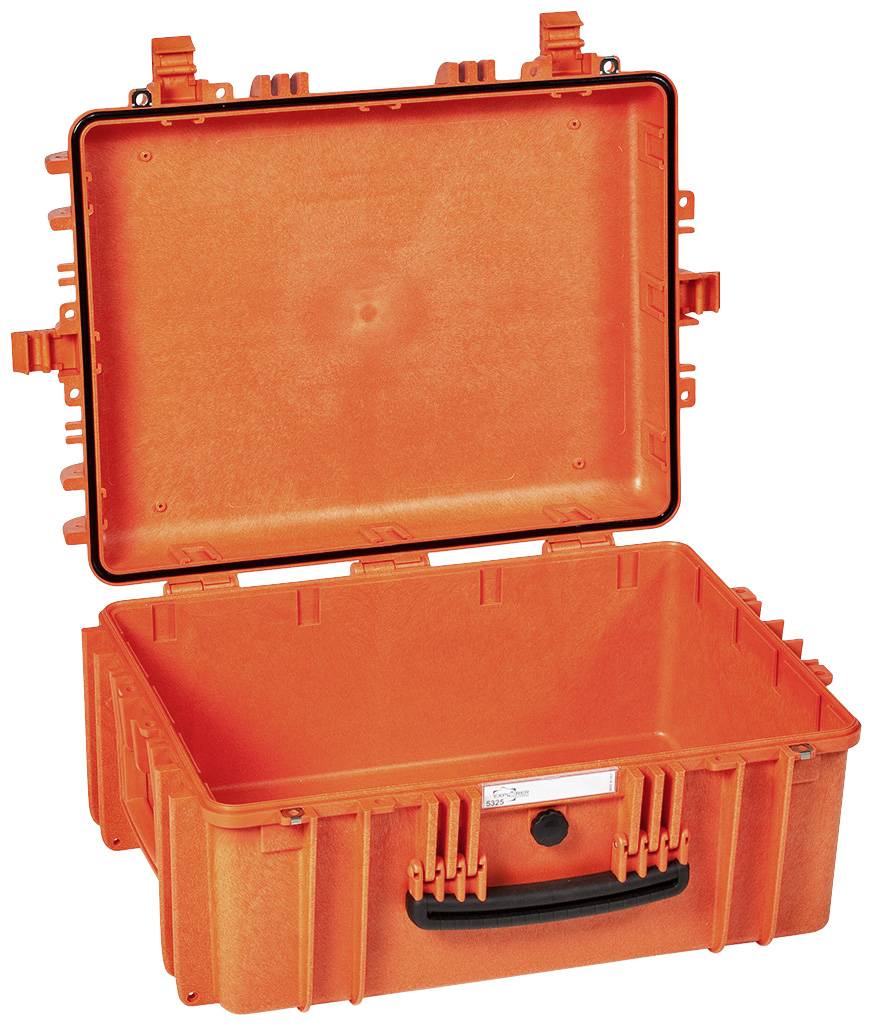 Ein leerer, orangefarbener Schutzkoffer mit offenem Deckel. Ideal für den sicheren Transport empfindlicher Ausrüstung.