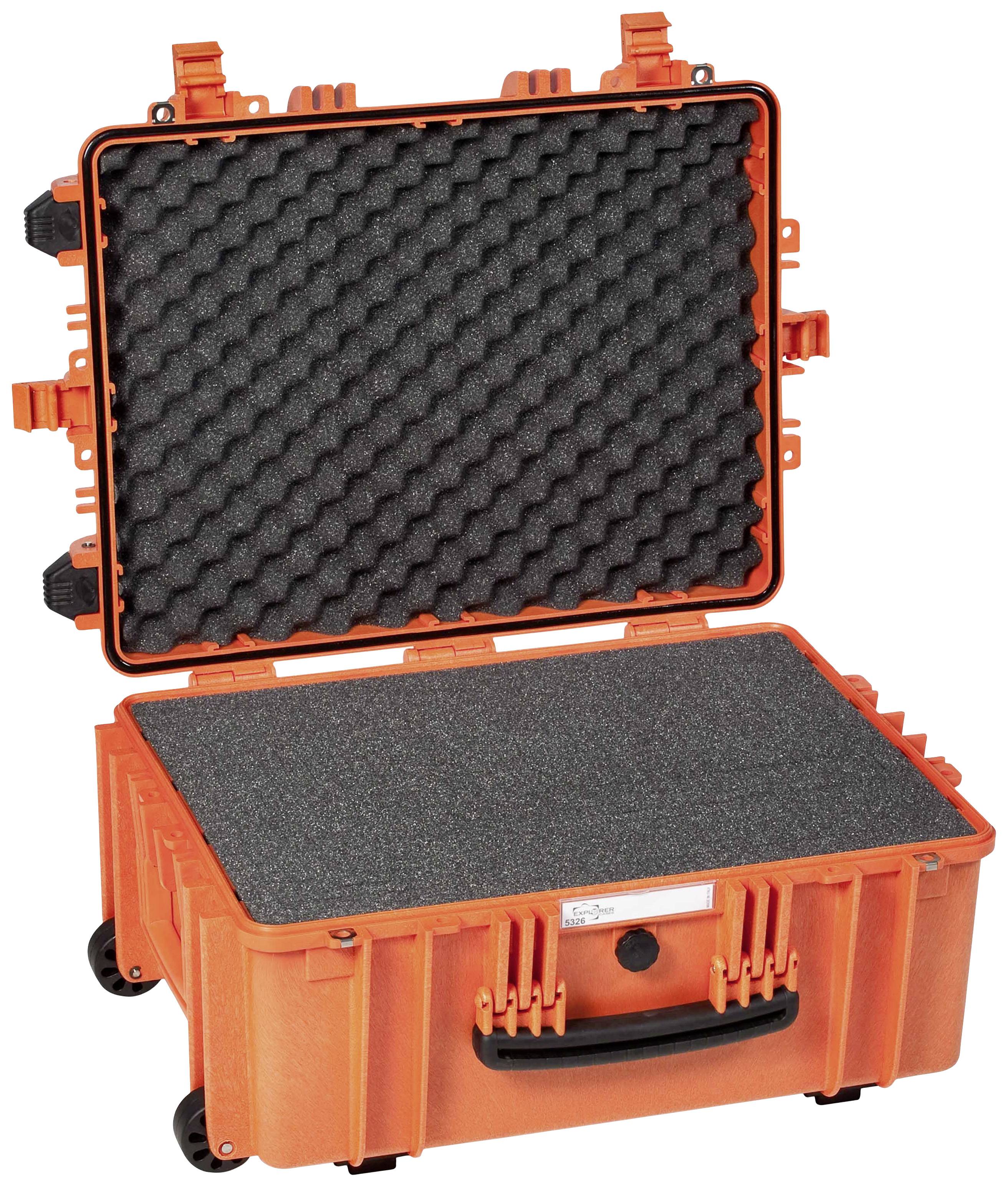 Ein offener, orangefarbener Schutzkoffer mit Schaumstoffpolsterung innen, geeignet für den sicheren Transport empfindlicher Geräte.