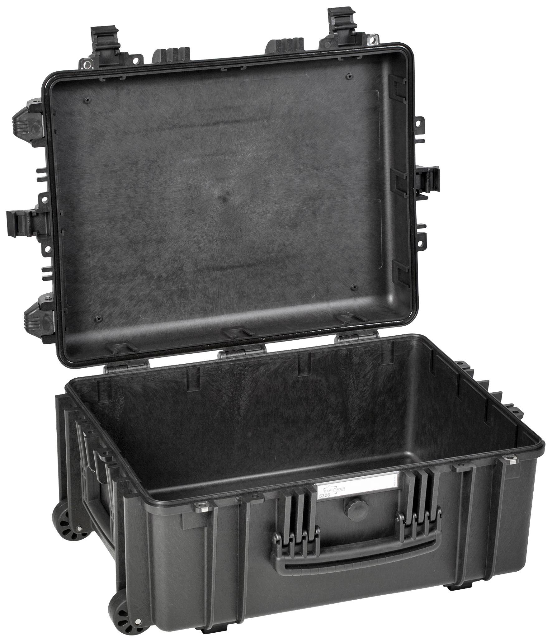 Schwarzer, offener, robuster Kunststoffkoffer mit Rollen und Griffen, zeigt Innenbereich. Ideal für sicheren Transport von empfindlichen Gegenständen.