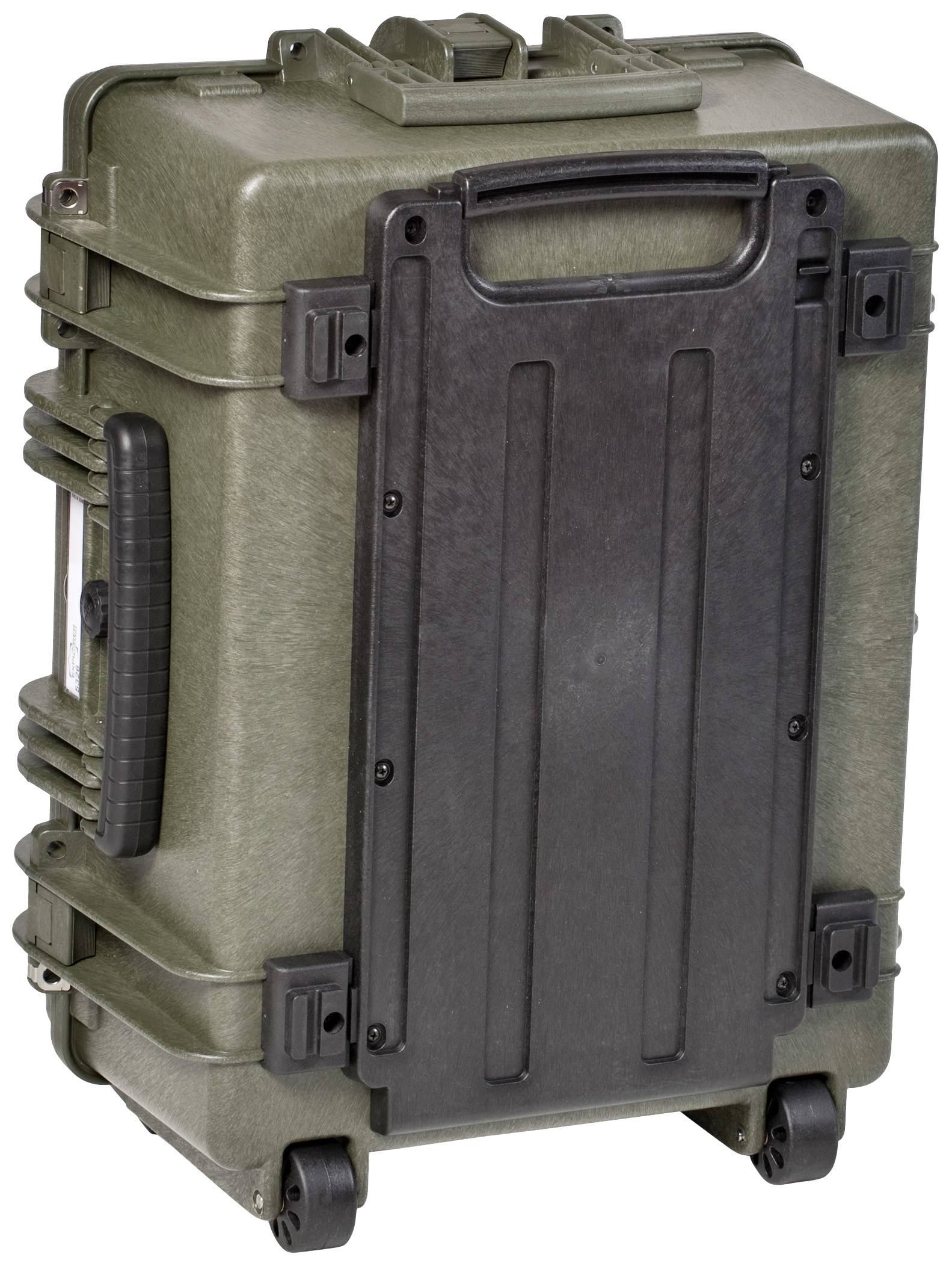 Ein robuster, olivgrüner Hartschalenkoffer mit Rollen und ausziehbarem Griff. Geeignet für den sicheren Transport empfindlicher Gegenstände.