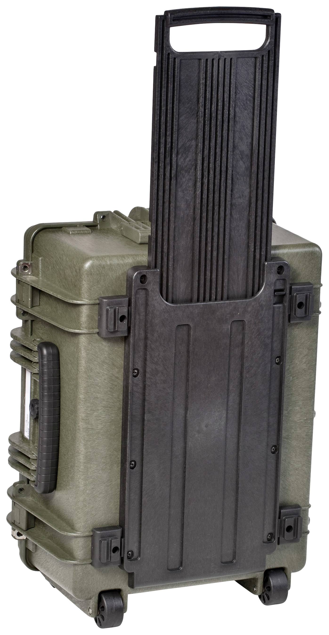 Ein grüner rollbarer Koffer mit herausziehbarem Griff, robust und für den sicheren Transport von empfindlichen Gegenständen geeignet.