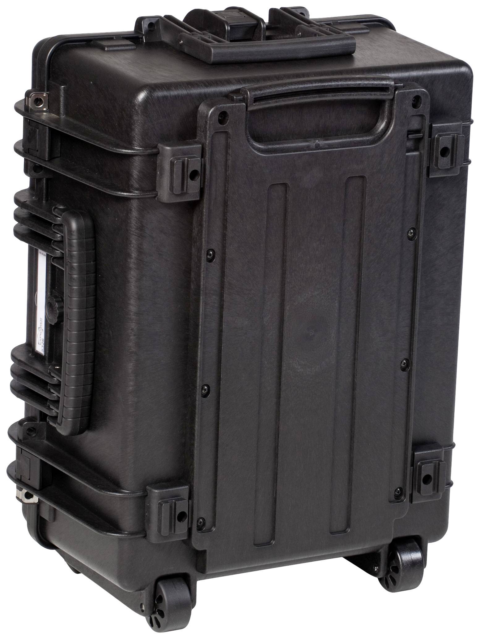 Schwarzer, robuster Trolleykoffer mit Rollen, vertikal stehend. Ideal für den sicheren Transport empfindlicher Ausrüstung.