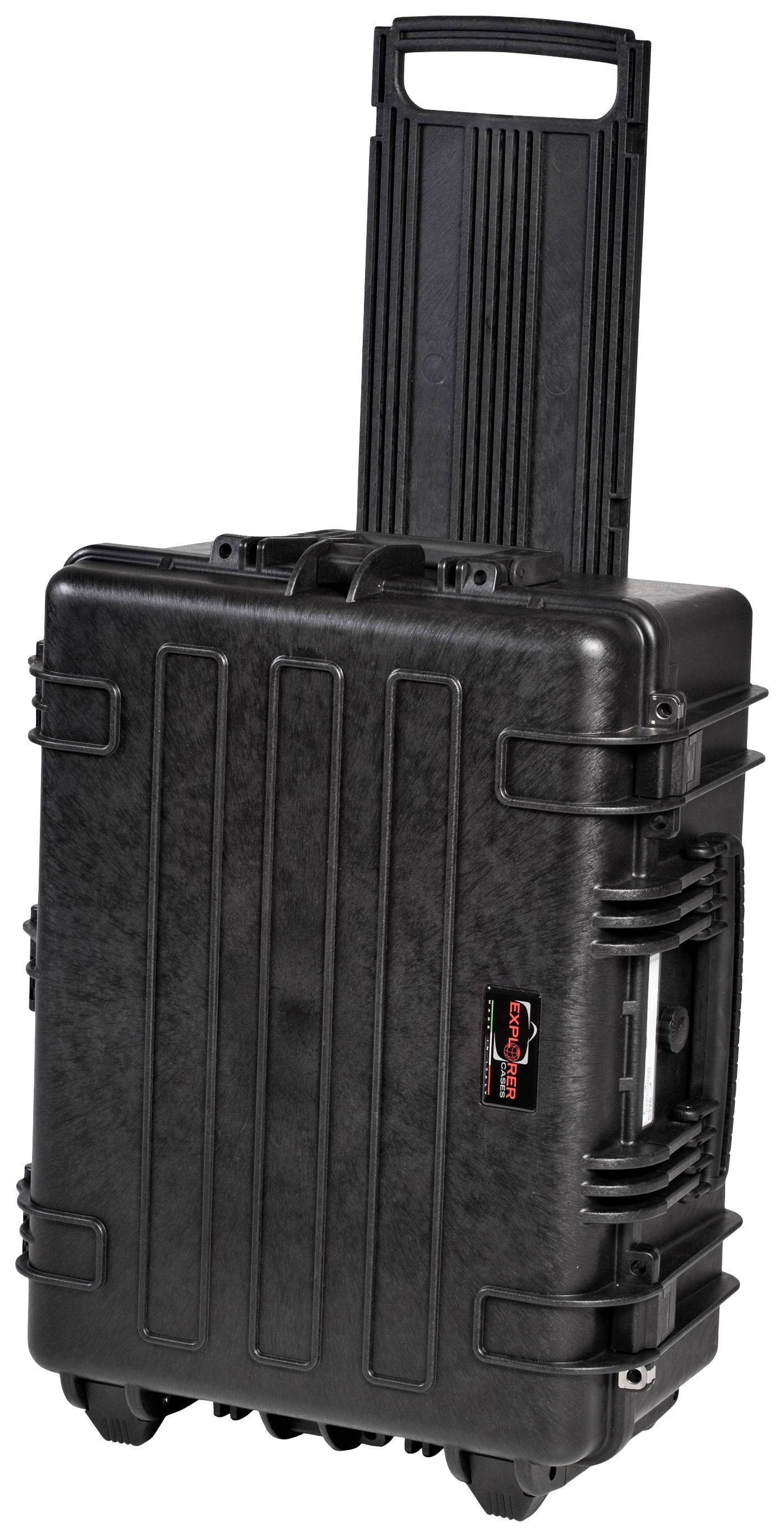 Schwarzer, robuster Rollkoffer mit ausziehbarem Griff. Geeignet für den sicheren Transport von empfindlichem Equipment.