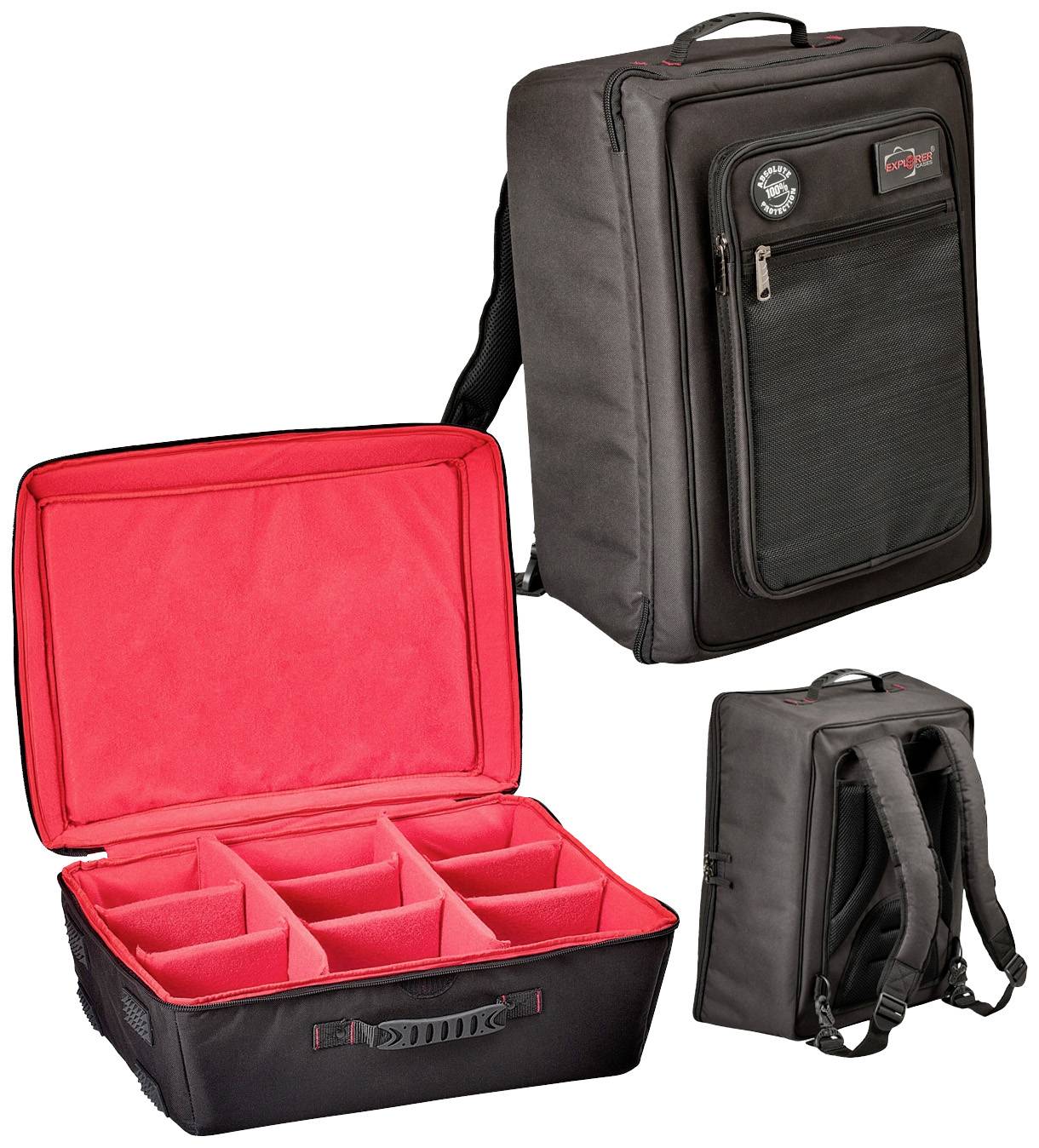 Kamerarucksack mit schwarzer Außenseite und rotem Innenraum. Mehrere gepolsterte Fächer zur sicheren Aufbewahrung von Ausrüstung.