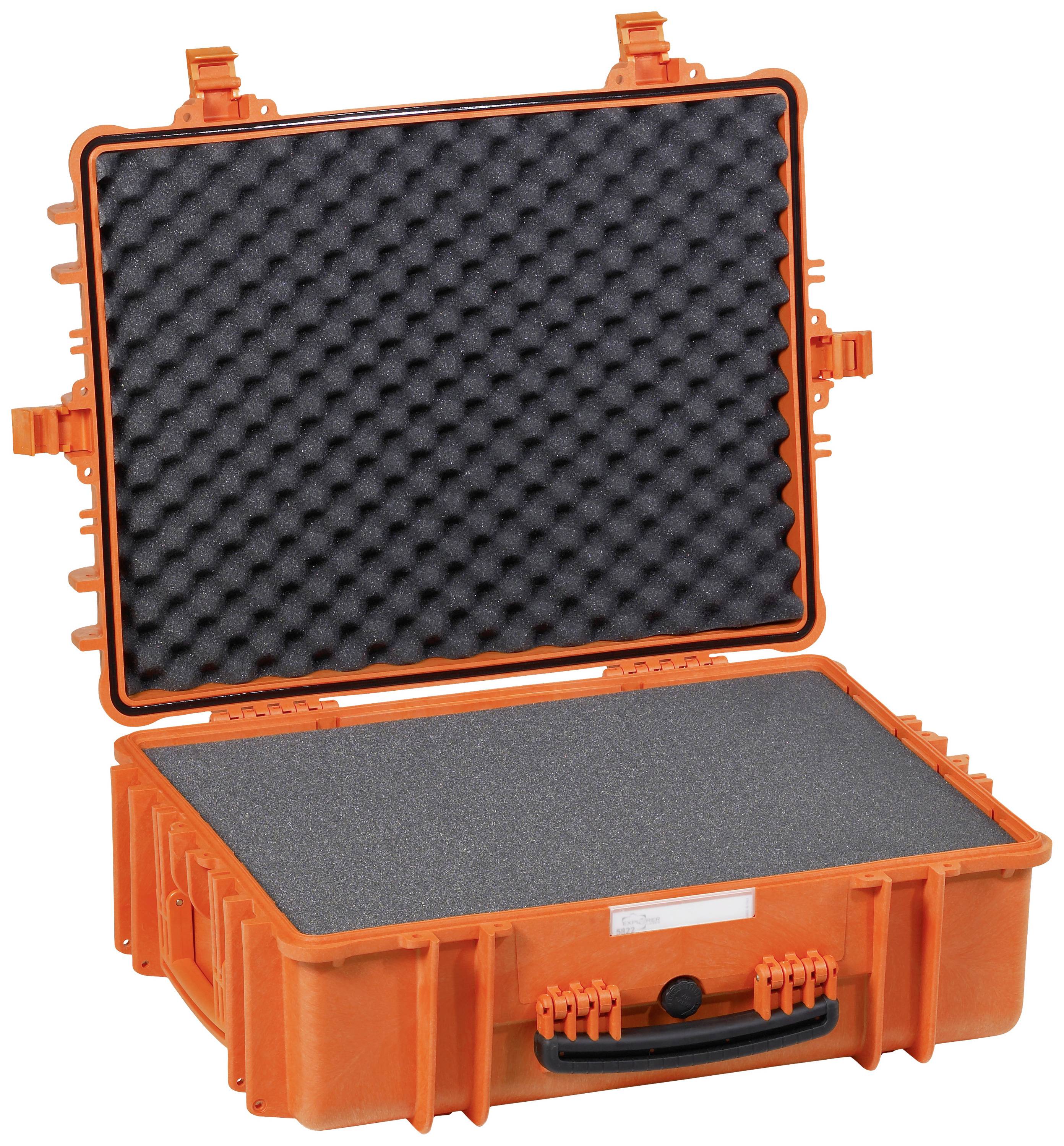 Ein offener, orangefarbener Schaumstoffkoffer zeigt innen schwarzen Schaumstoff zum Schutz von Gegenständen beim Transport.