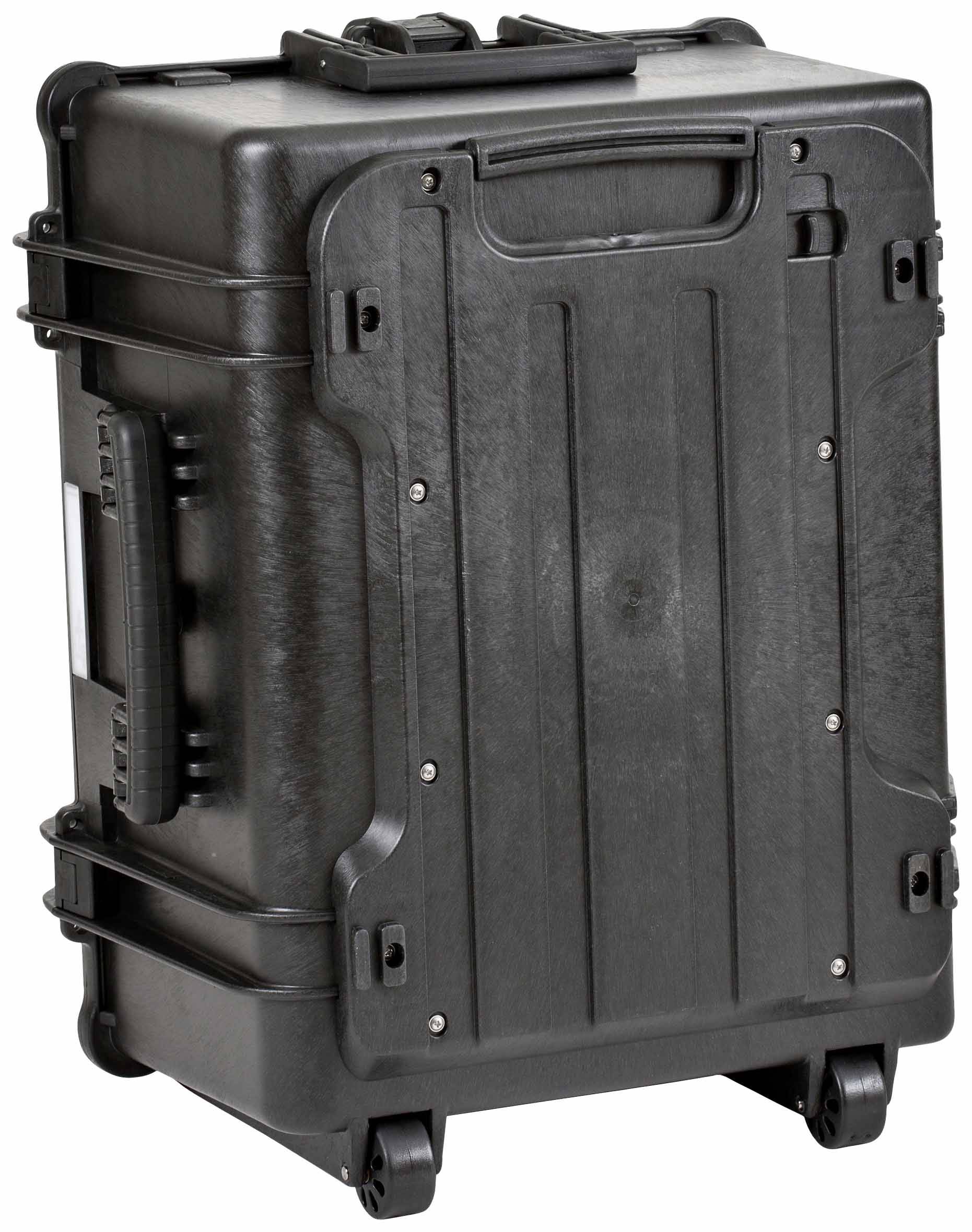 Ein schwarzer, robuster Schutzhartschalenkoffer mit Rädern und Griffen, geeignet für den sicheren Transport empfindlicher Ausrüstung.