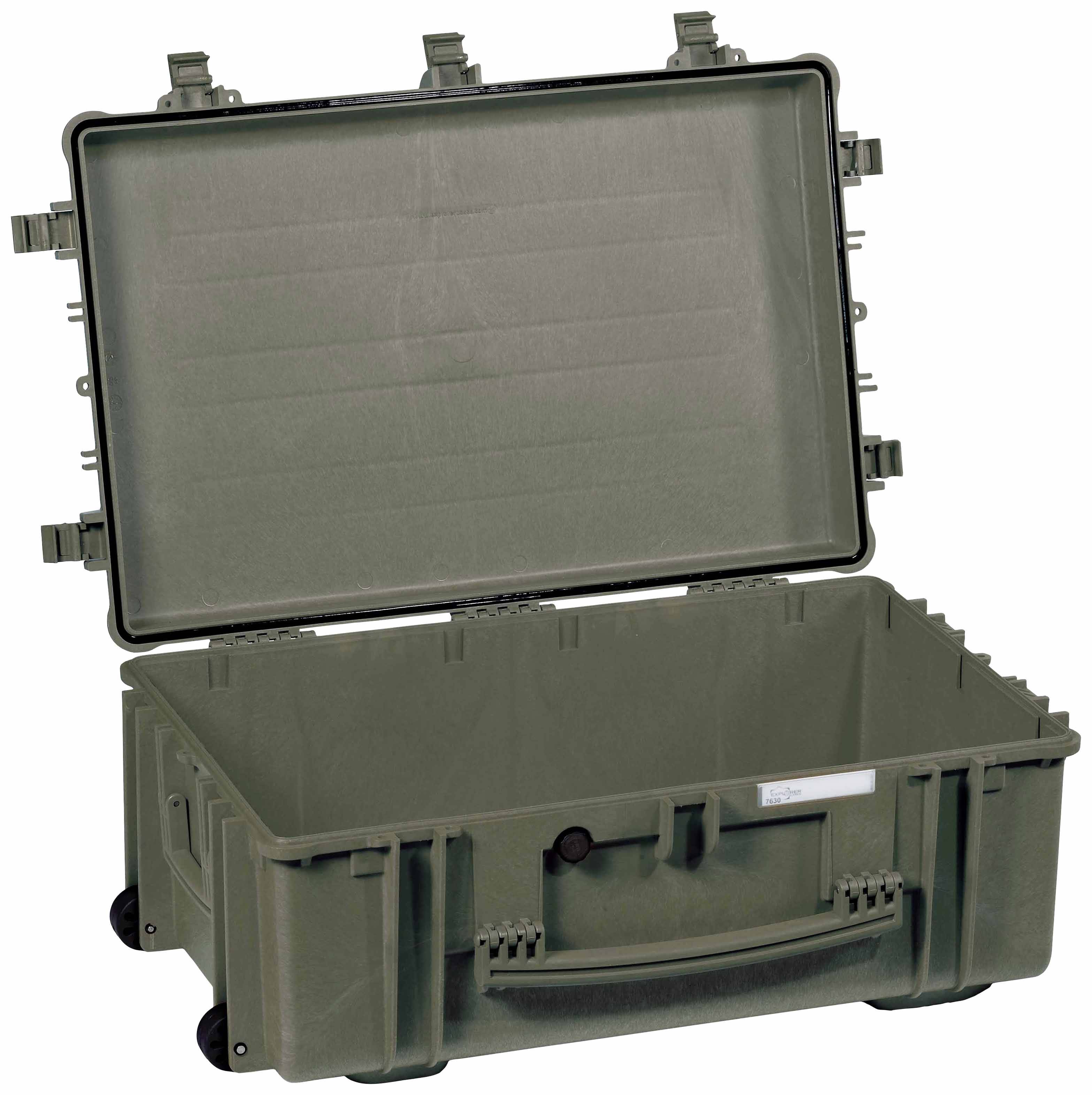 Grüne, offene Hartplastikkiste mit Rädern und Tragegriff, geeignet für den sicheren Transport von empfindlichen Gegenständen.