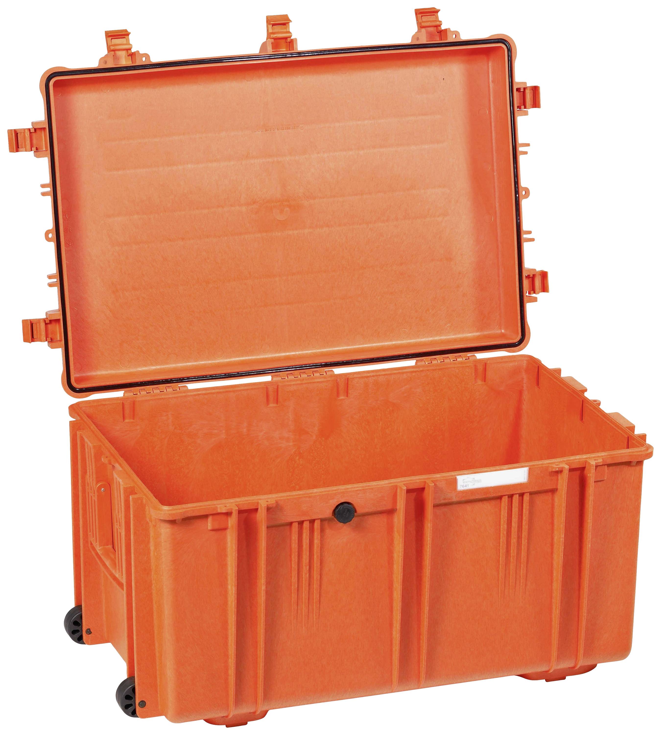 Ein großer, orangefarbener Schutzkoffer mit offenem Deckel. Der Koffer hat Rollen und wird zur sicheren Lagerung und Transport verwendet.