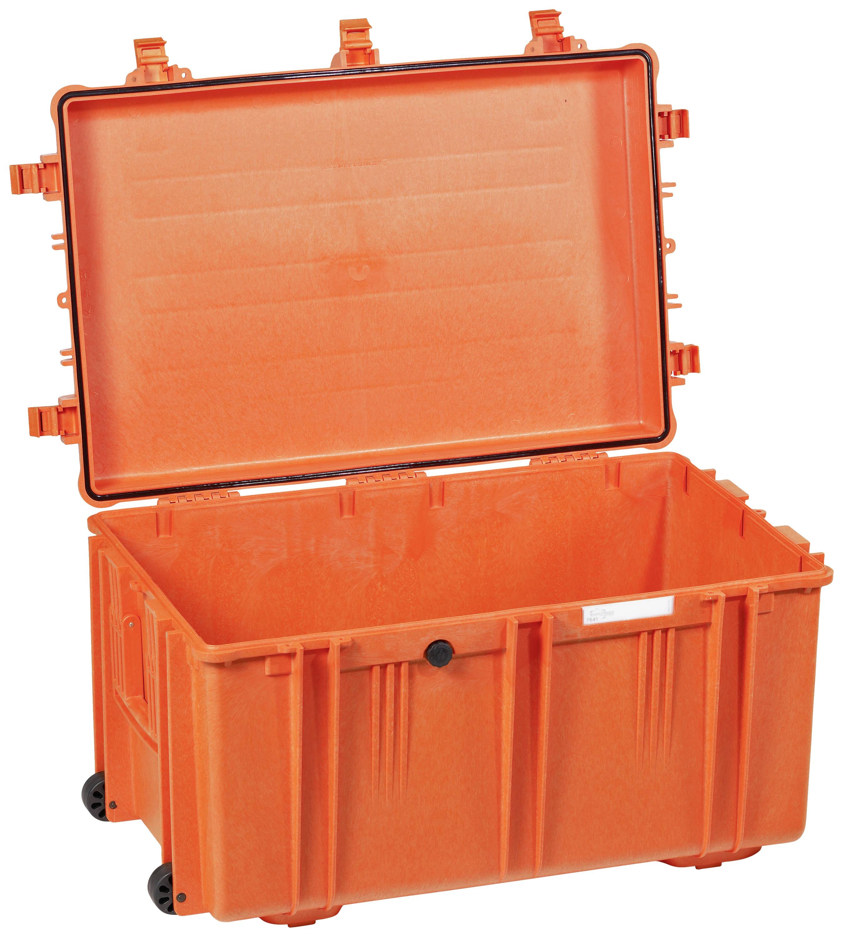 Ein großer, offener, oranger Schutzkoffer mit Rädern, geeignet für den Transport empfindlicher Ausrüstung.