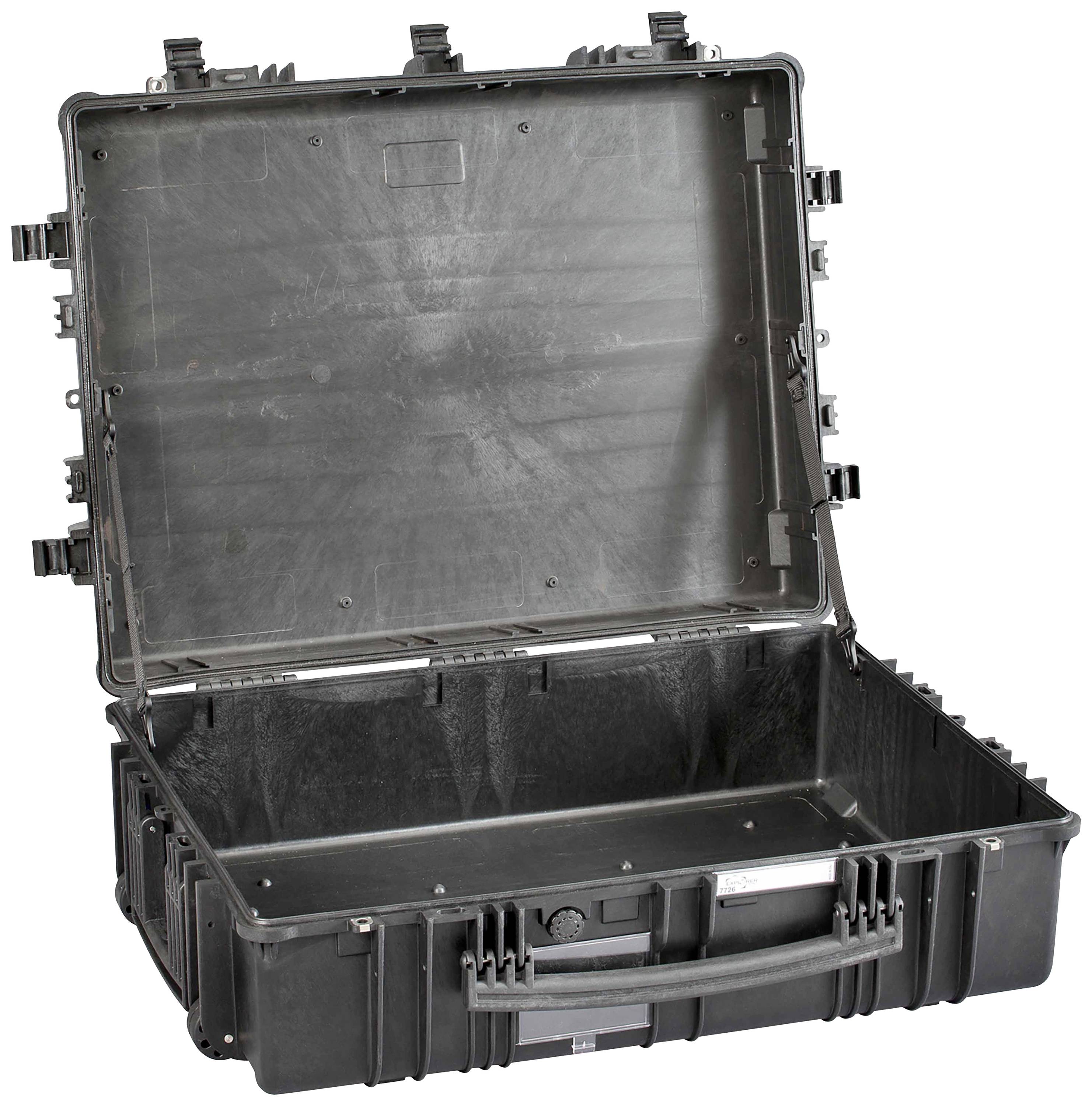 Schwarzer, offener Hartschalenkoffer, leer. Eignet sich zur sicheren Aufbewahrung von empfindlicher Ausrüstung.