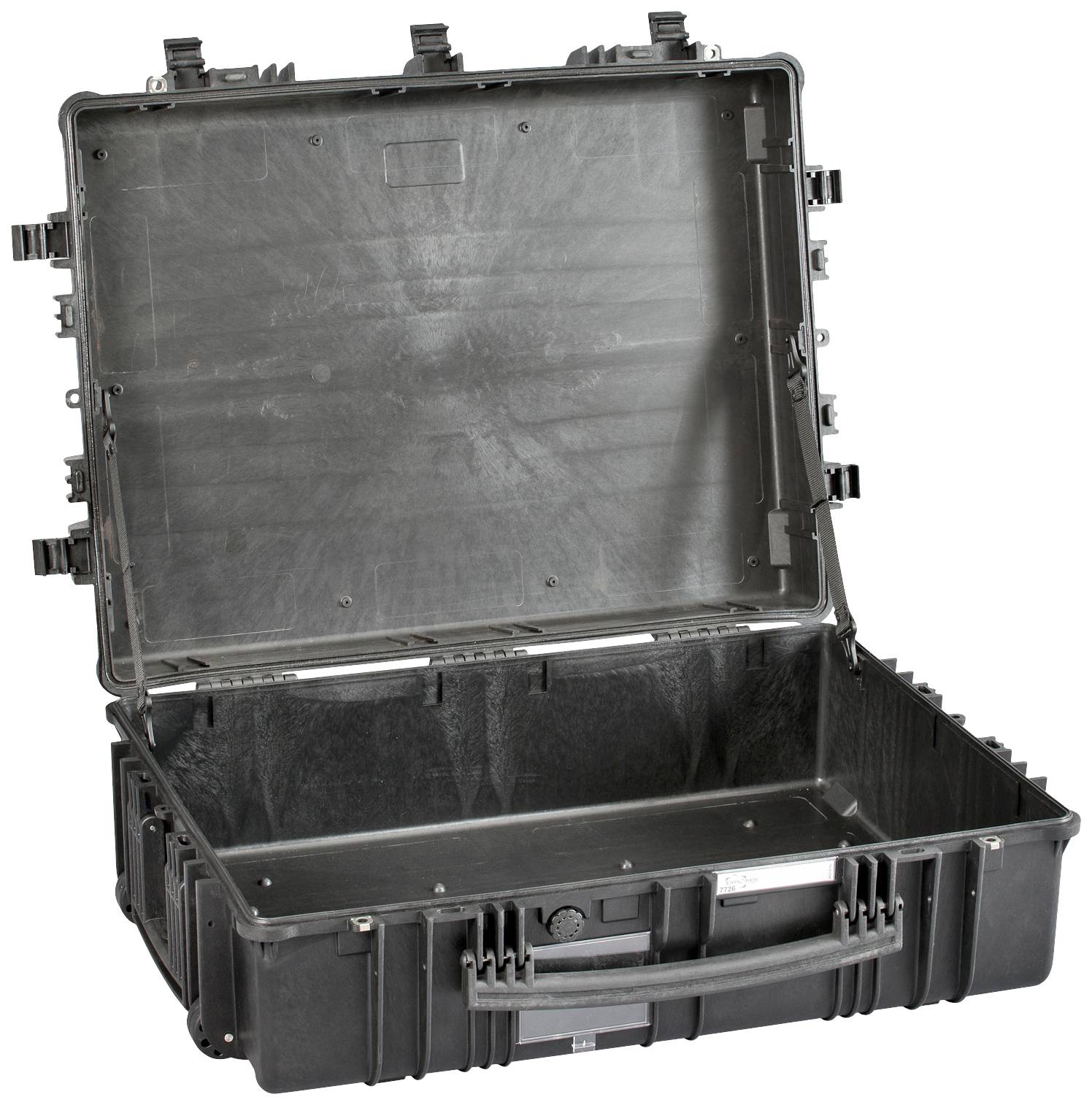 Großer, offener schwarzer Schutzkoffer mit robustem Design, geeignet zur Aufbewahrung oder Transport empfindlicher Ausrüstung.