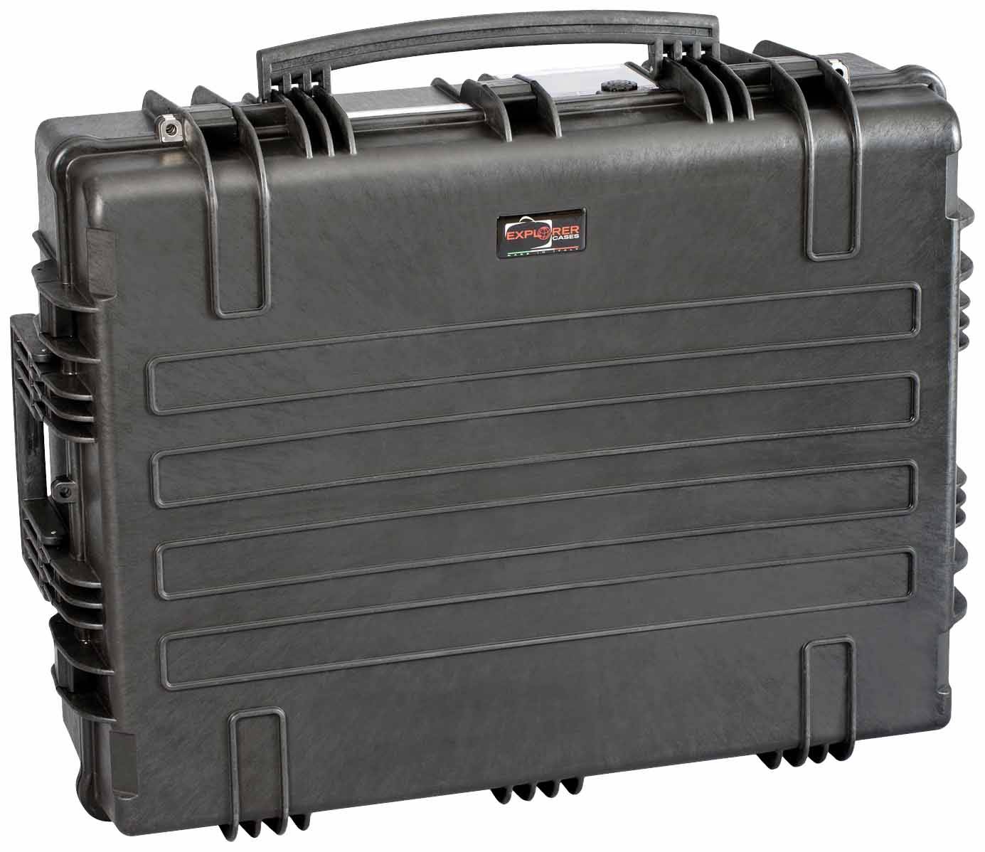 Schwarzer, robuster Hartschalenkoffer mit Handgriff und verstärkten Ecken, geeignet zum Schutz und Transport von empfindlichen Gegenständen.