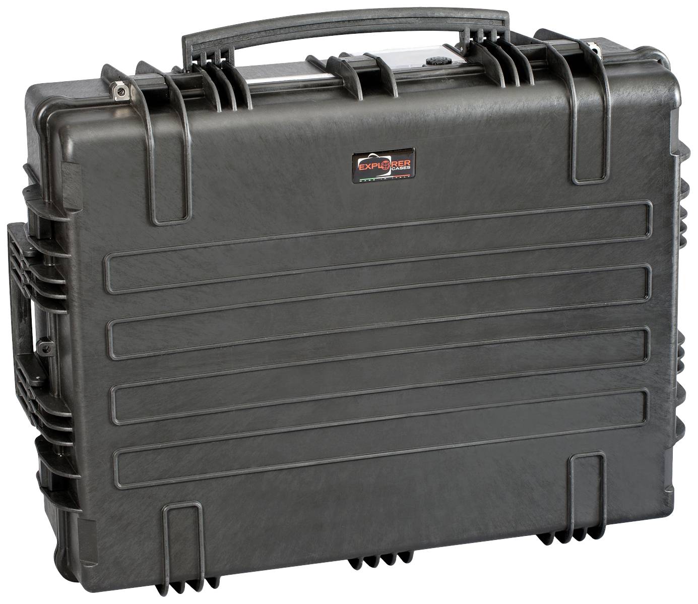 Ein großer, robuster, schwarzer Koffer mit einem Tragegriff. Ideal zum Schutz empfindlicher Geräte während des Transports.