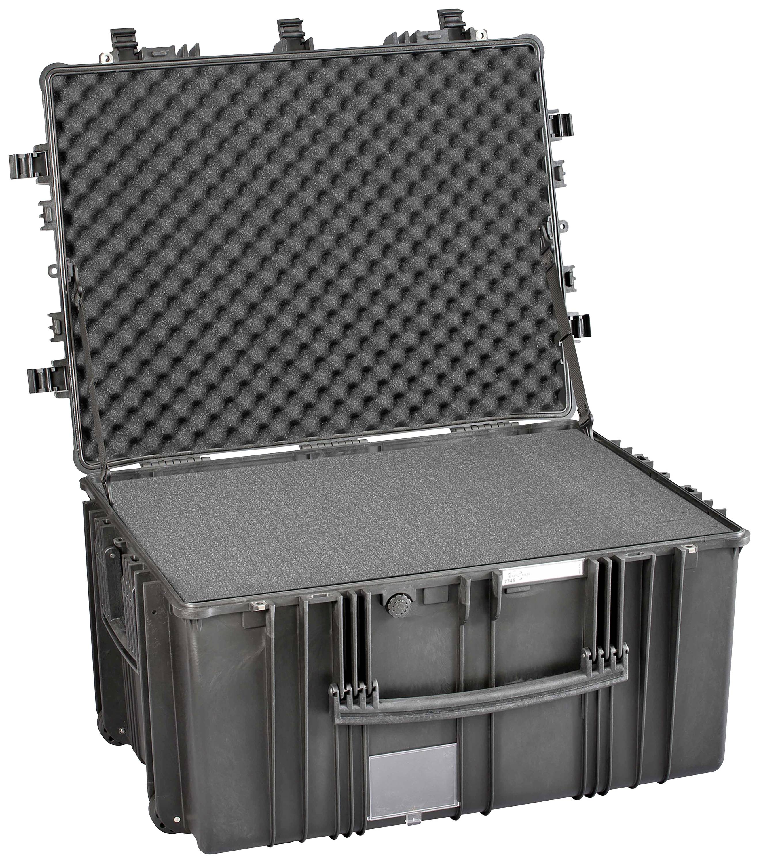 Ein schwarzer, geöffneter Hartschalenkoffer mit Schaumstoffpolsterung im Inneren. Ideal für sicheren Transport und Schutz von Ausrüstung.