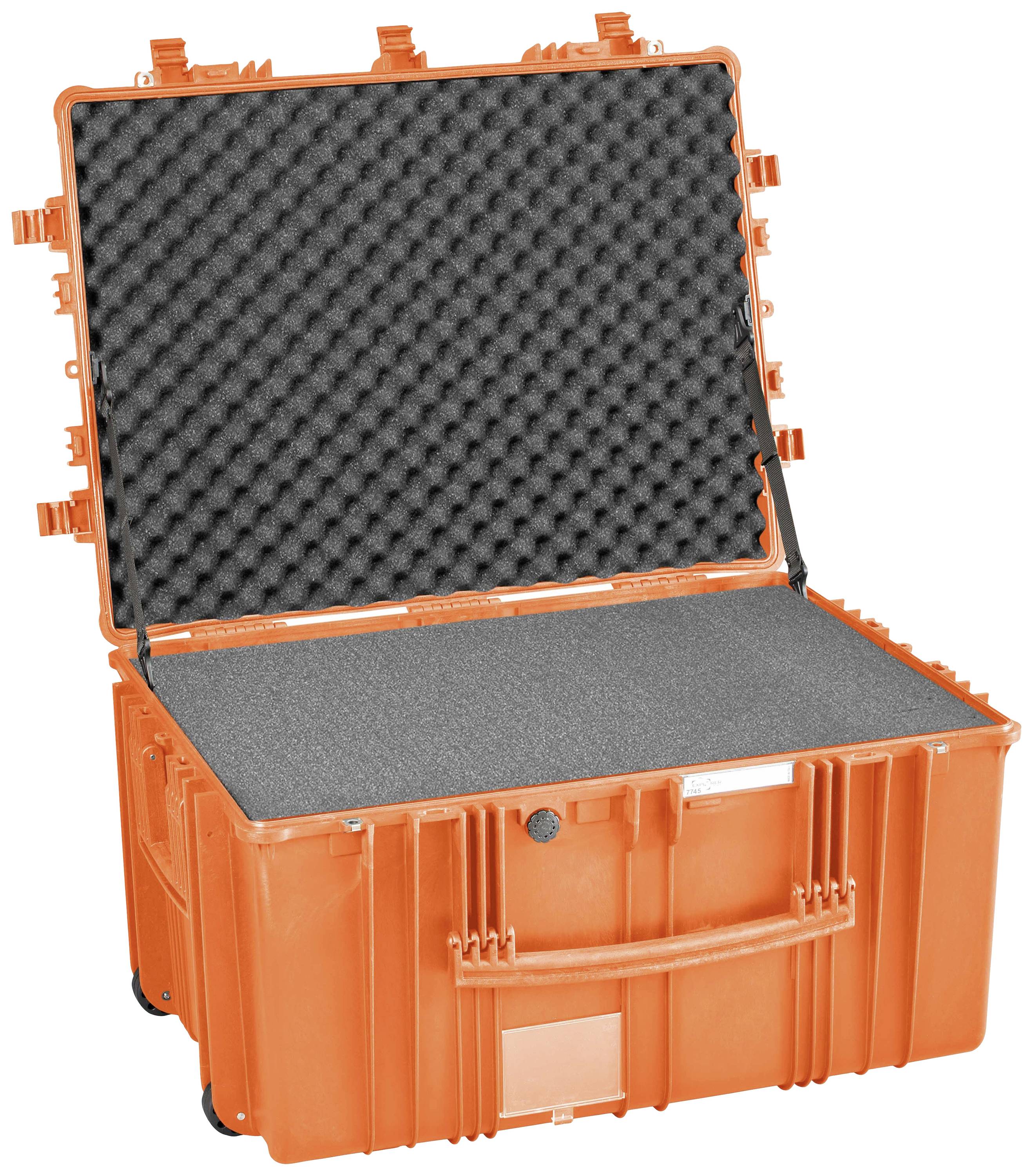 Oranger, robuster Transportkoffer mit Schaumstoffeinlagen innen, geöffneter Deckel, für sicheren Transport empfindlicher Geräte.
