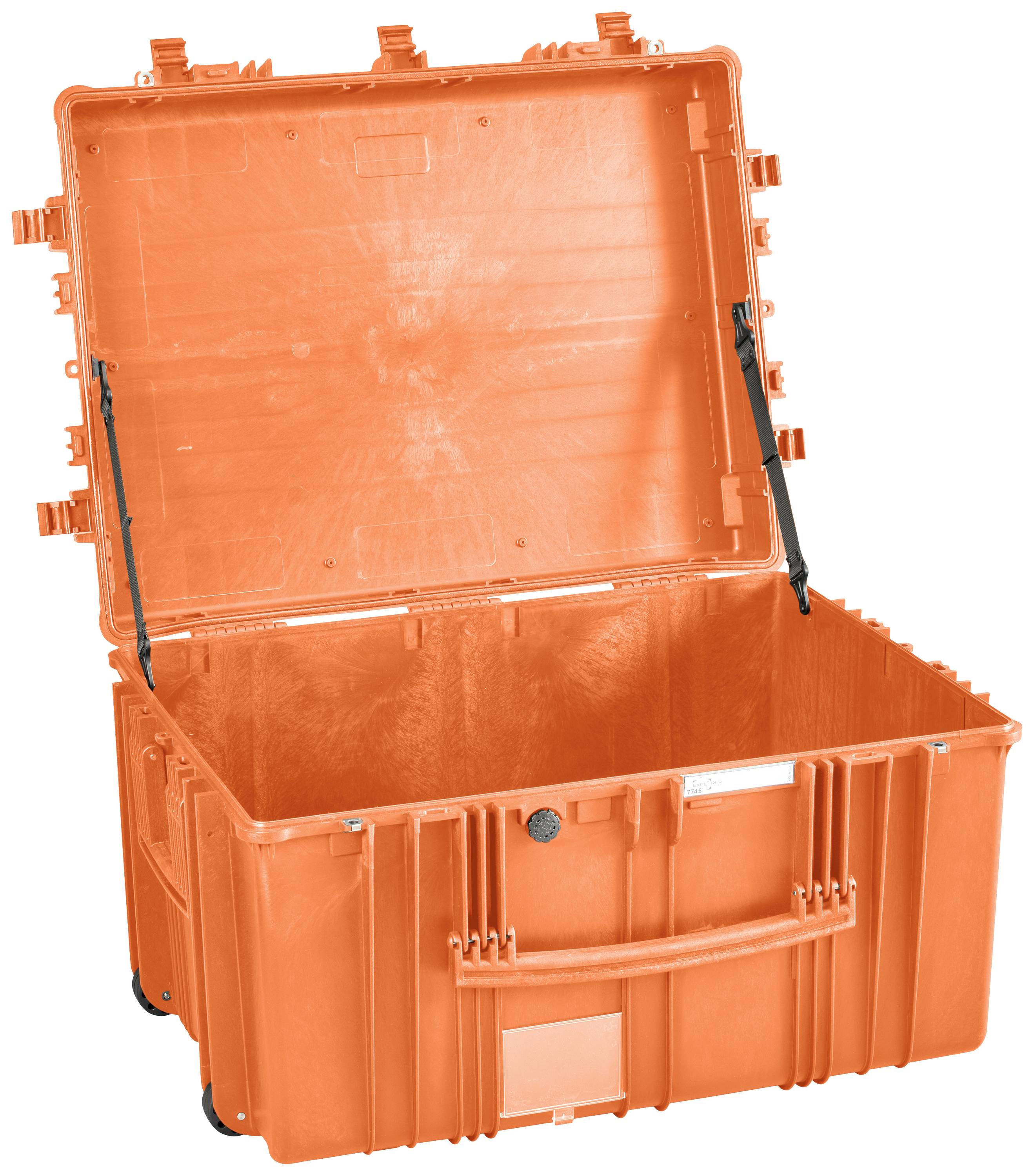 Leerer, geöffneter orangener Kunststoffbehälter mit verstärkten Ecken und seitlichen Griffen, geeignet für den Transport und die Lagerung.