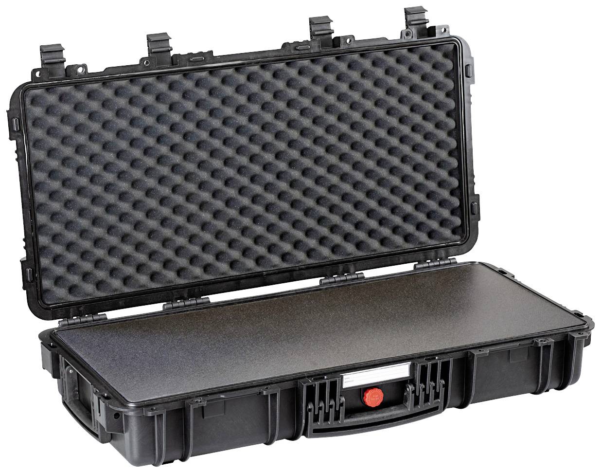 Ein offener schwarzer Hartschalenkoffer mit Schaumstofffutter, geeignet für den Transport empfindlicher Ausrüstung.