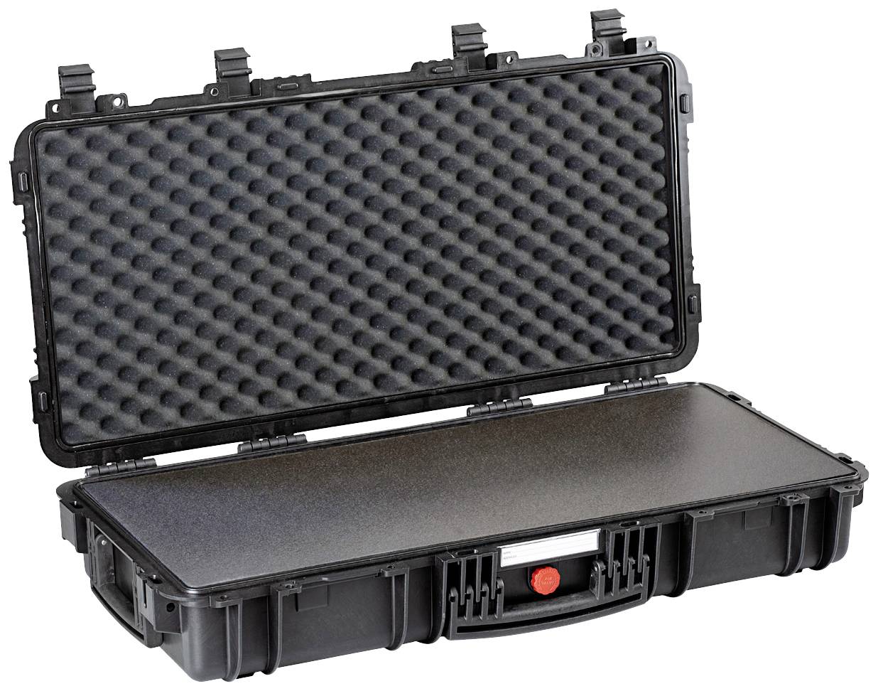 Offener schwarzer Schutzkoffer mit Schaumstoff gepolstertem Deckel, geeignet für die sichere Aufbewahrung empfindlicher Gegenstände.