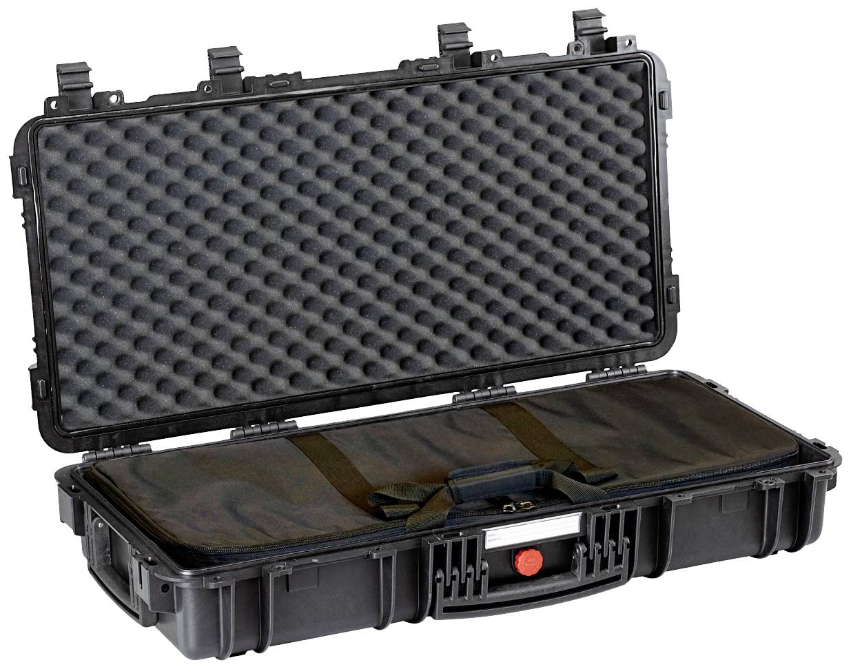 Ein offener schwarzer Hartschalenkoffer mit Schaumstoffpolsterung im Inneren. Geeignet für den sicheren Transport empfindlicher Gegenstände.