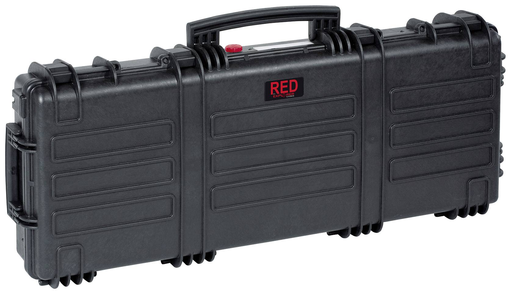 Schwarzer Hartschalenkoffer mit Tragegriff, Aufschrift 'RED'. Ideal für sicheren Transport von empfindlichem Equipment.