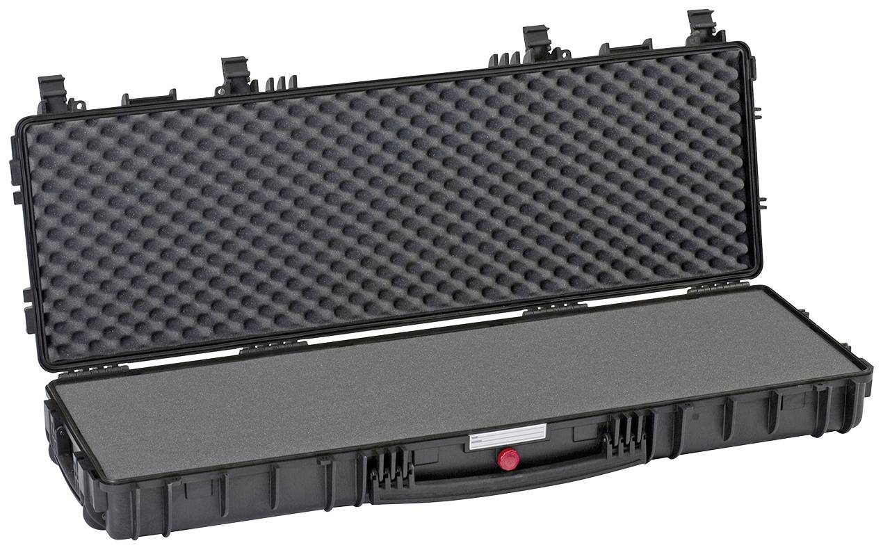 Ein offener, langer schwarzer Schutzkoffer mit Schaumstoffpolsterung. Ideal zum Transport empfindlicher Geräte.