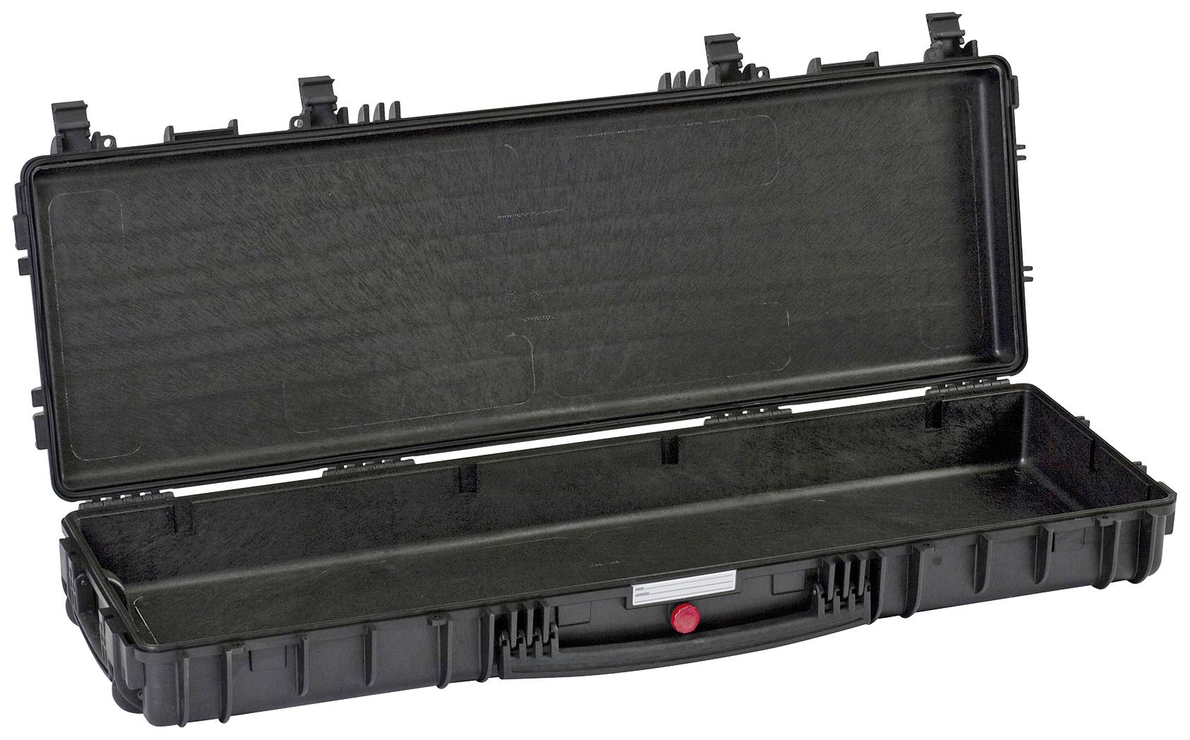 Ein langer, schwarzer, offener Hartschalenkoffer mit Schaumstoffauskleidung und mehreren Riegelverschlüssen, geeignet für sicherem Transport.