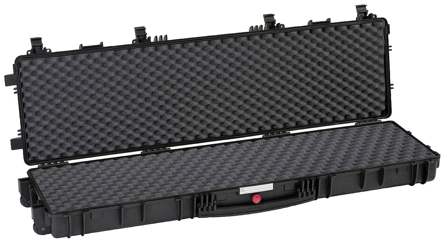 Ein langer, schwarzer Hartschalenkoffer mit Schaumstoffpolsterung, geöffnet, zeigt die Innenseite mit festem, schützendem Material.