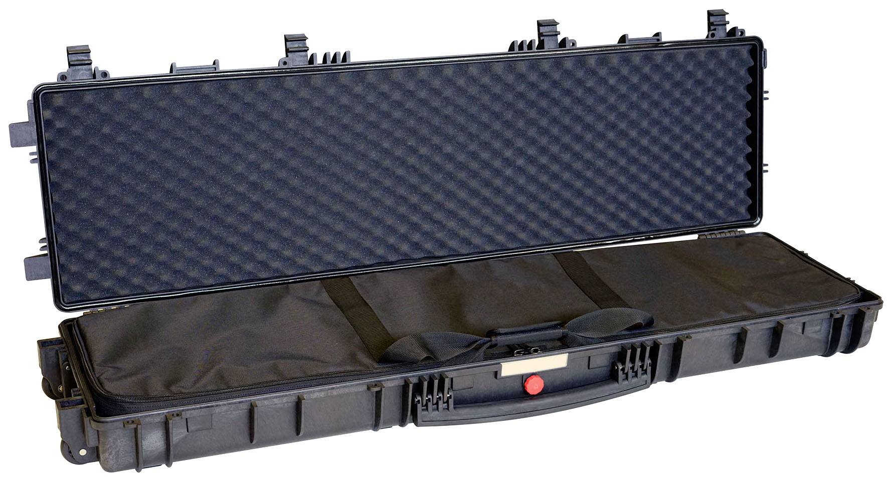 Schwarzer Hartschalenkoffer mit Schaumstoffpolsterung, geöffnet, zeigt geräumiges Innenfach für den sicheren Transport von empfindlichen Gegenständen.