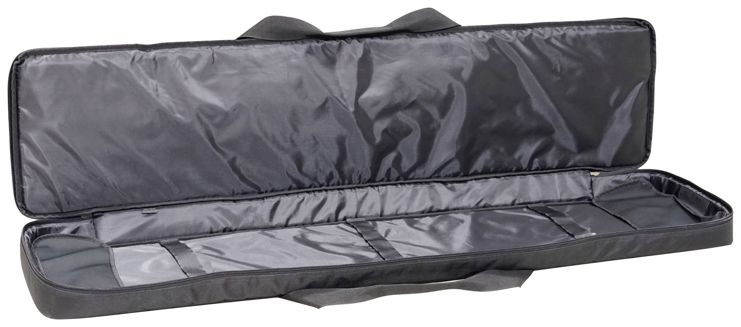 Geöffnete schwarze Softtasche mit Tragegriff, geeignet zum Transport eines länglichen Musikinstruments oder Gewehrs.