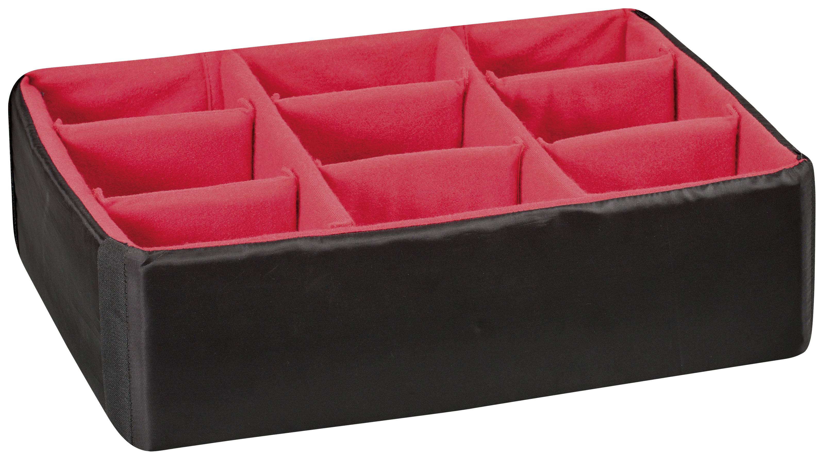 Schwarze, rechteckige Box mit neun roten, gepolsterten Fächern zur Aufbewahrung oder Organisation kleiner Gegenstände.