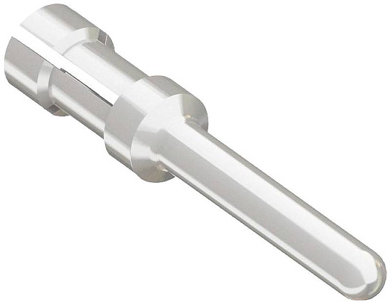 Weiße Metallstift mit Rillen, dient vermutlich als Verbindungsstück oder Kontaktstift in technischen Anwendungen.