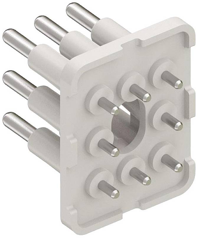 Ein weißer, rechteckiger elektrischer Stecker mit neun Metallstiften, angeordnet in einem 3x3-Rastermuster.