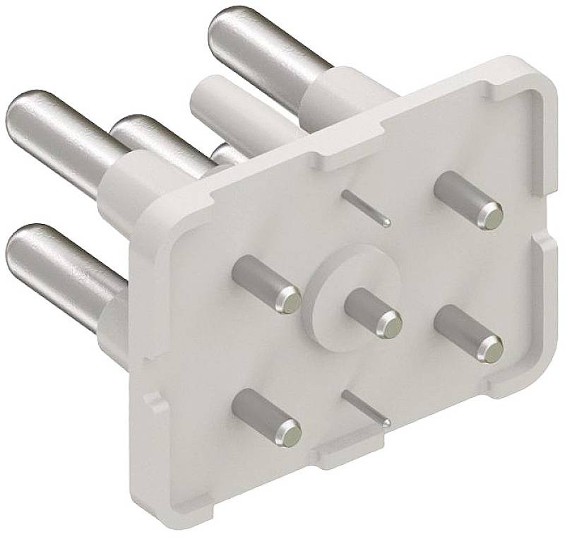 Ein sechspoliger elektrischer Steckverbinder mit einem rechteckigen Gehäuse und runden Metallkontakten, geeignet für industrielle Anwendungen.