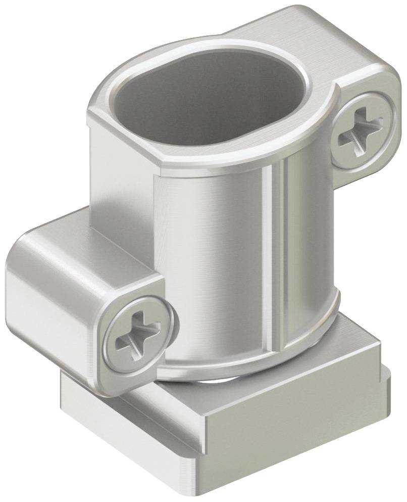 Metallwinkelverbinder mit zwei Schrauben, rechteckiger Form und glatter Oberfläche, zum Verbinden von Rohrsystemen verwendet.