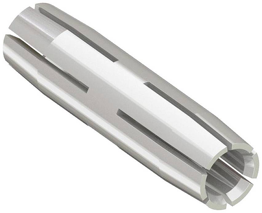 Ein zylindrisches Metallteil mit schmaler Längsschlitzöffnung, möglicherweise ein Spannzangenelement für Maschinen oder Werkzeuge.