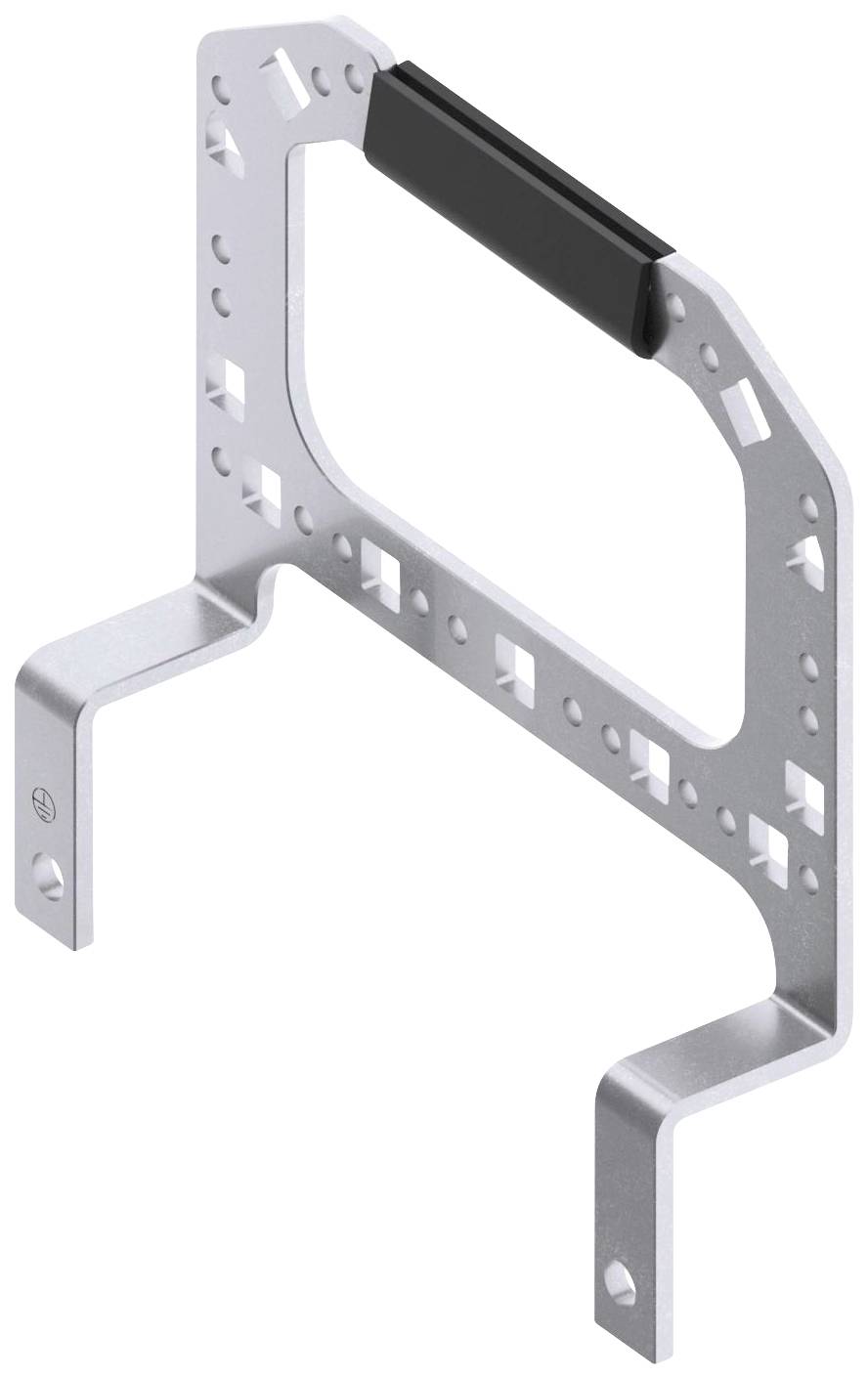 Metallhalterung mit rechteckiger Öffnung und schwarzer Gummiabdeckung am oberen Rand. Verfügt über Bohrungen für Befestigung.