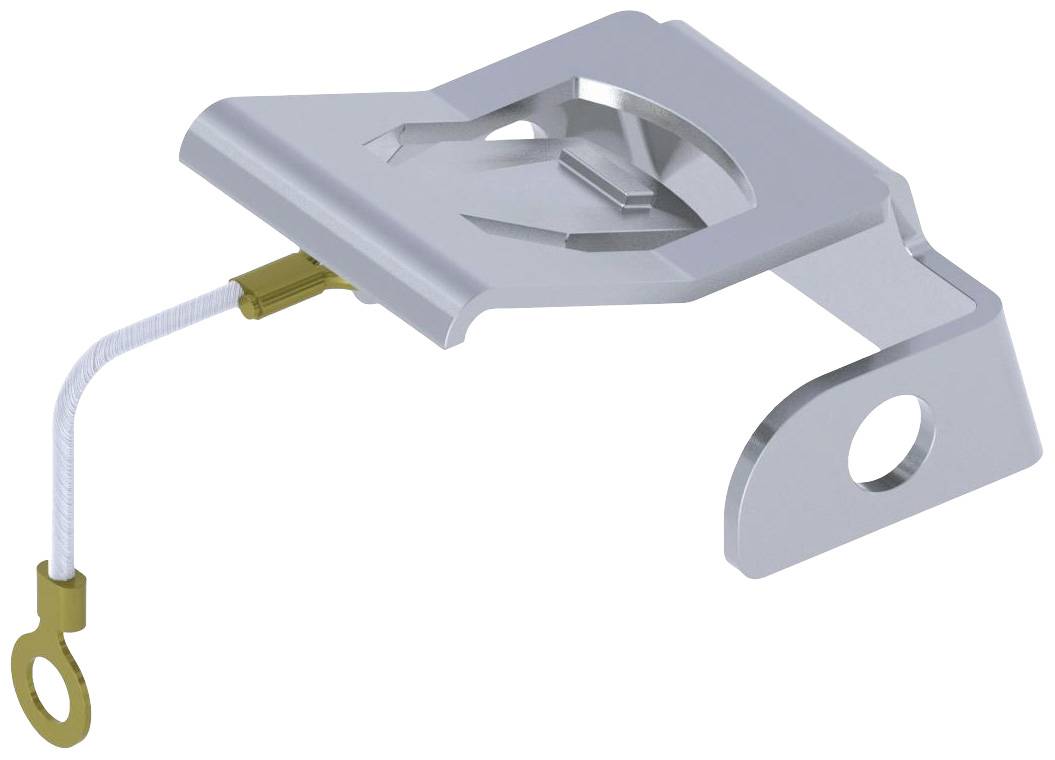 Ein silbernes Metallteil mit einer Lasche und einer runden Öffnung, verbunden durch ein geflochtenes Kabel mit einer goldfarbenen Öse.